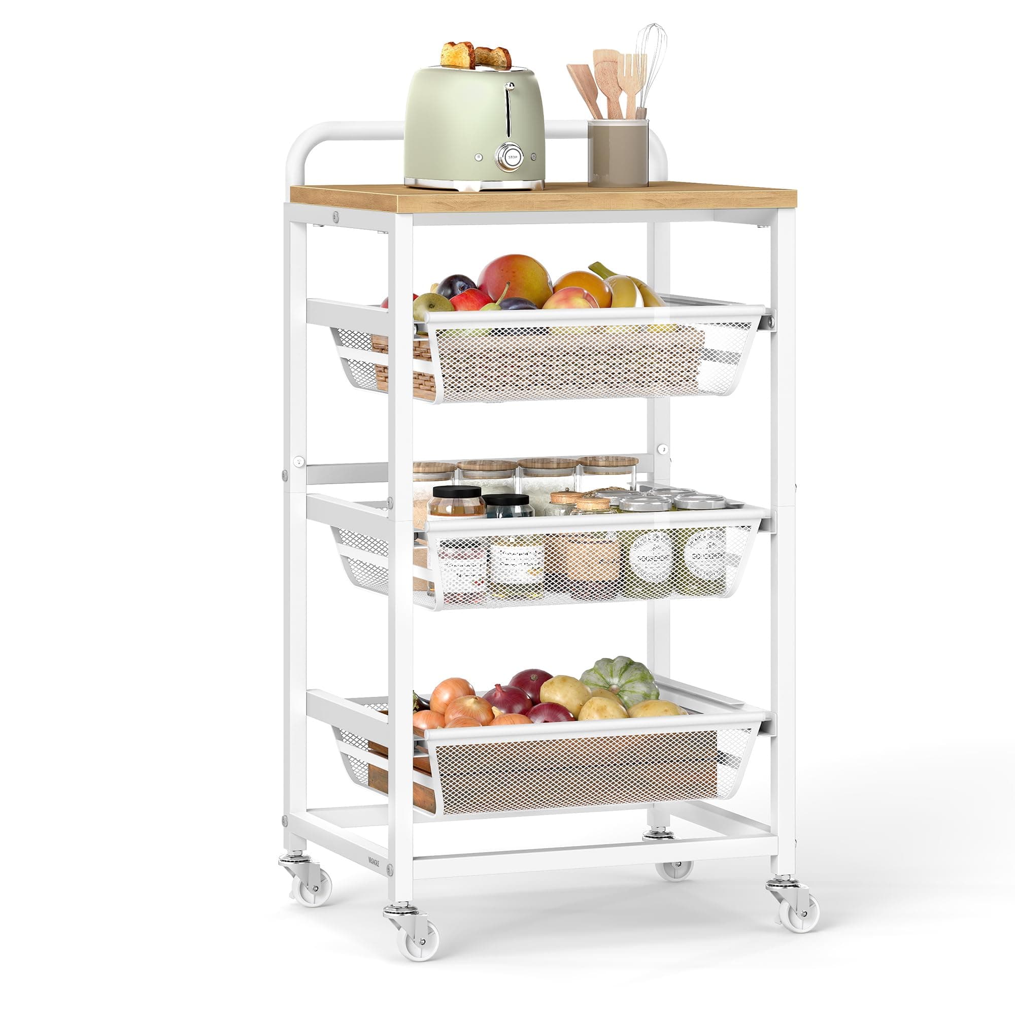 VASAGLE Carrito de Almacenaje de 4 Niveles, con Cestas Extraíbles, Estante de Cocina con Ruedas y Asa, 31,7 x 40 x 76 cm, Roble Dorado y Blanco Mate LRC040Y01