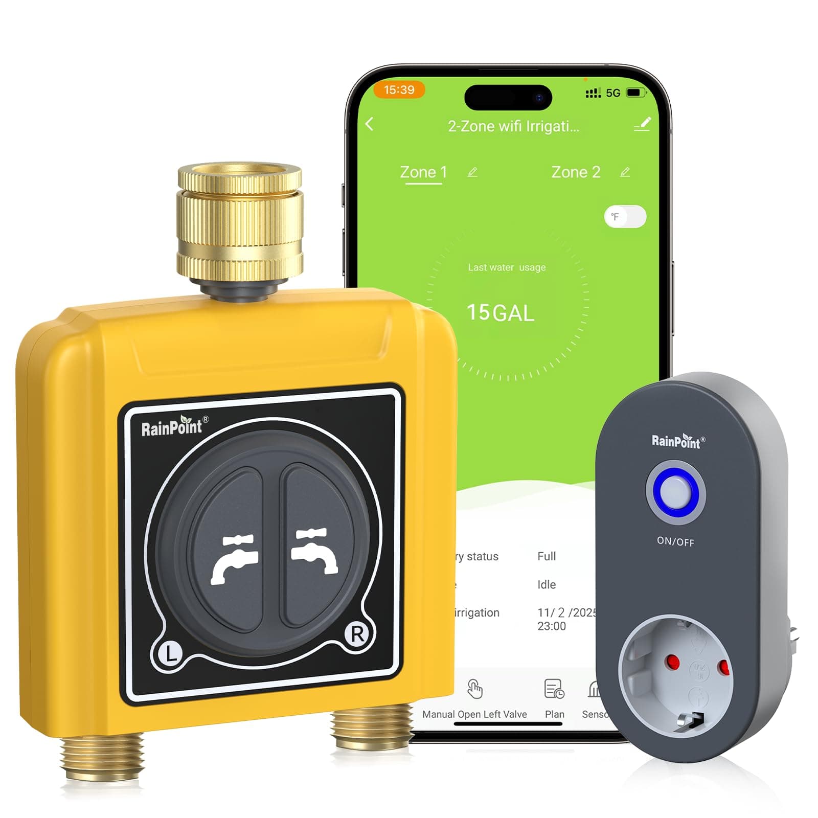 RAINPOINT Programador Riego WiFi 2 Salidas, Inteligente Temporizador Riego Automatico, App/Voz Control, Riego Basado en Clima/Humedad del Suelo, para Césped y Jardín (Entrada de Latón y Salida)