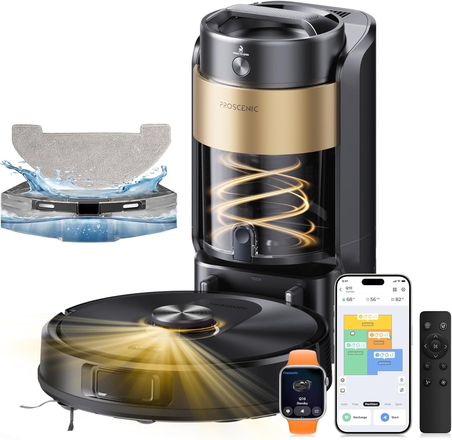 Proscenic Q20 Plus Robot Aspirapolvere Lavapavimenti con Mappatura 10000Pa, 200 Minuti Autonomia, Senza Sacco,Aspirapolvere Robot Lavapavimenti Mappatura con Stazione per Tappeti/Pavimenti