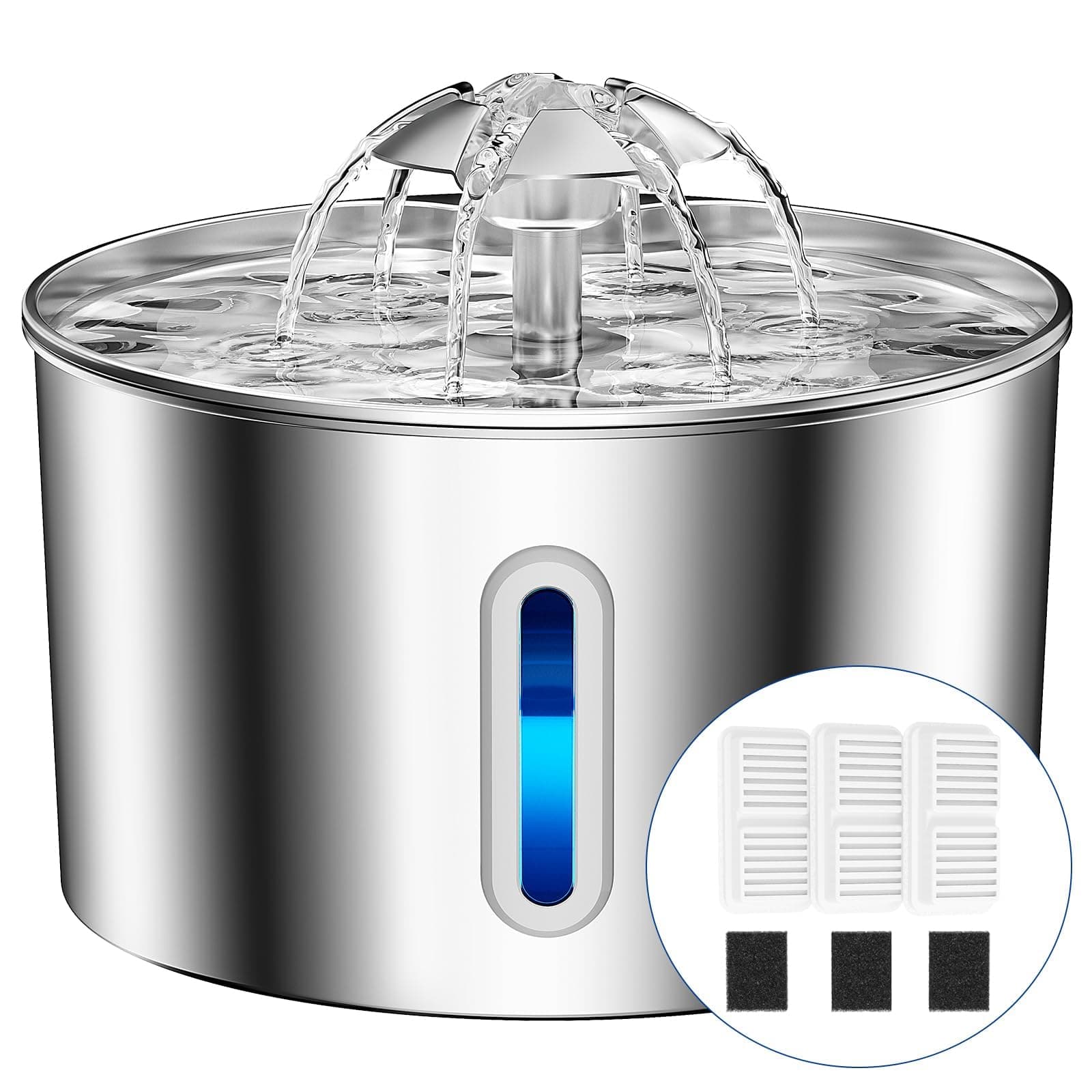 BalimoPet Fuente para Gatos Acero Inoxidable, 2,2L Bebedero Gatos con Cable Filtración Cuádruple, Ultra Silencioso, Fácil de Limpiar, con LED 3 Filtros y 3 Esponjas