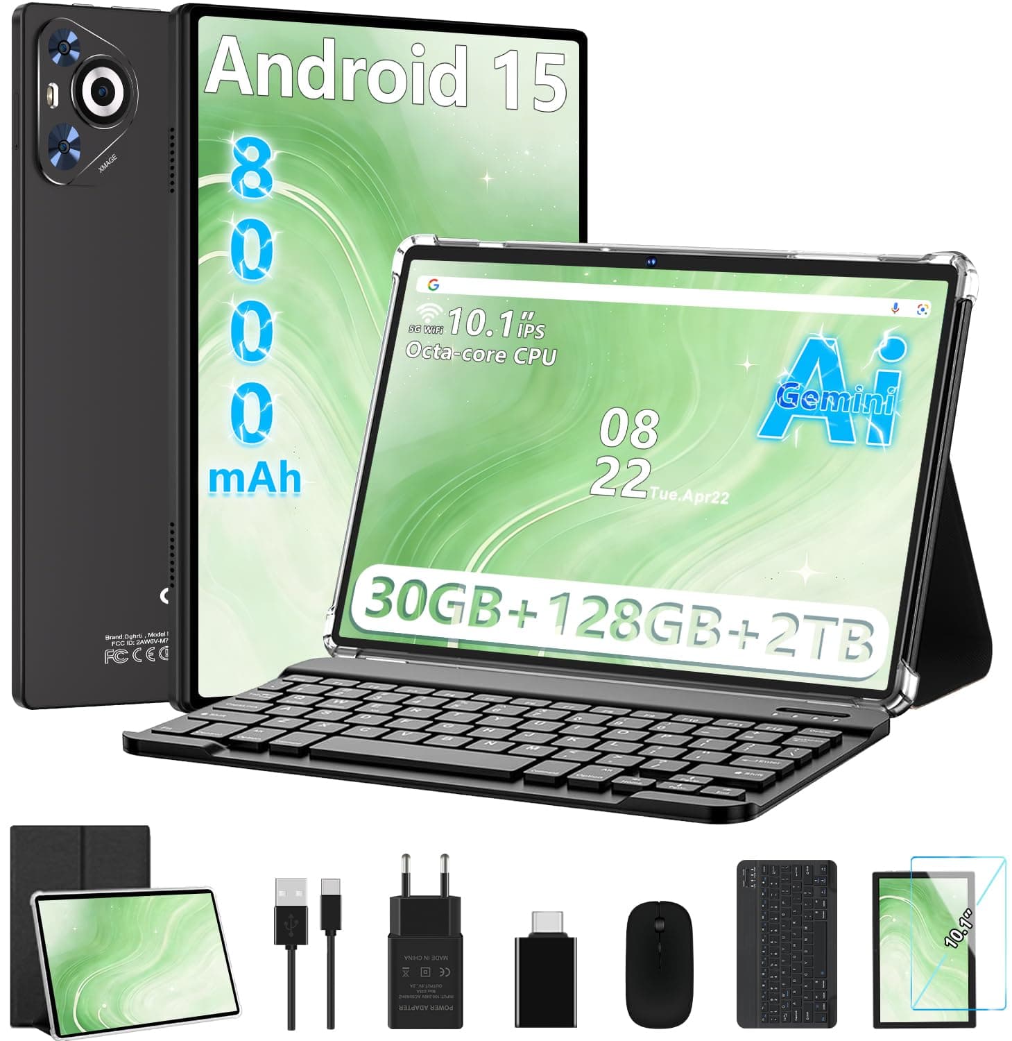 Dghrti 2026 Tablet Android Tablet 10 Pulgadas Gemini AI, 30 GB RAM + 128 GB ROM (2TB TF), 8000mAh, 8-Core CPU, 3D Face ID/Widevine L1/WLAN 6/BT5.0/GPS, con Teclado+Ratón MetÃlica-Negro