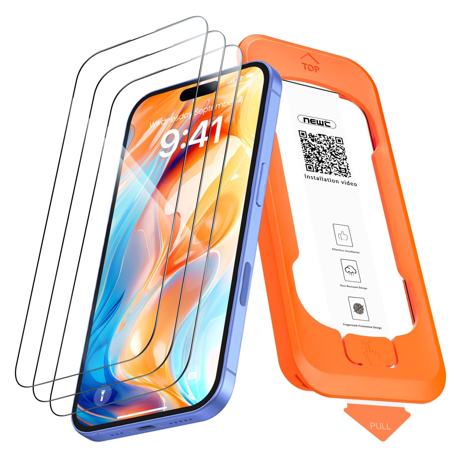 NEW'C Lot de 3, Verre Trempé pour iPhone 16, iPhone 15 (6,1 Pouces) Film en Protection écran à pose rapide Couverture Complète - Ultra Résistant - Efficace contre les Rayures