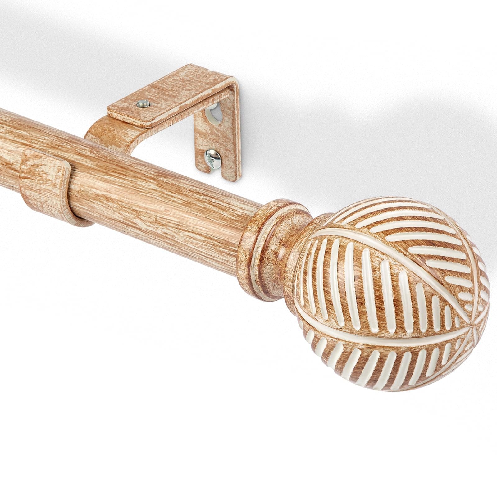 DEFYNEE Tringle à rideaux en bois 76-219 cm, tringle à rideaux de 25 mm de diamètre, tringle à fenêtres réglable avec motif imitation de feuilles de céréales, pour patio, portes vitrées, salon - Brun