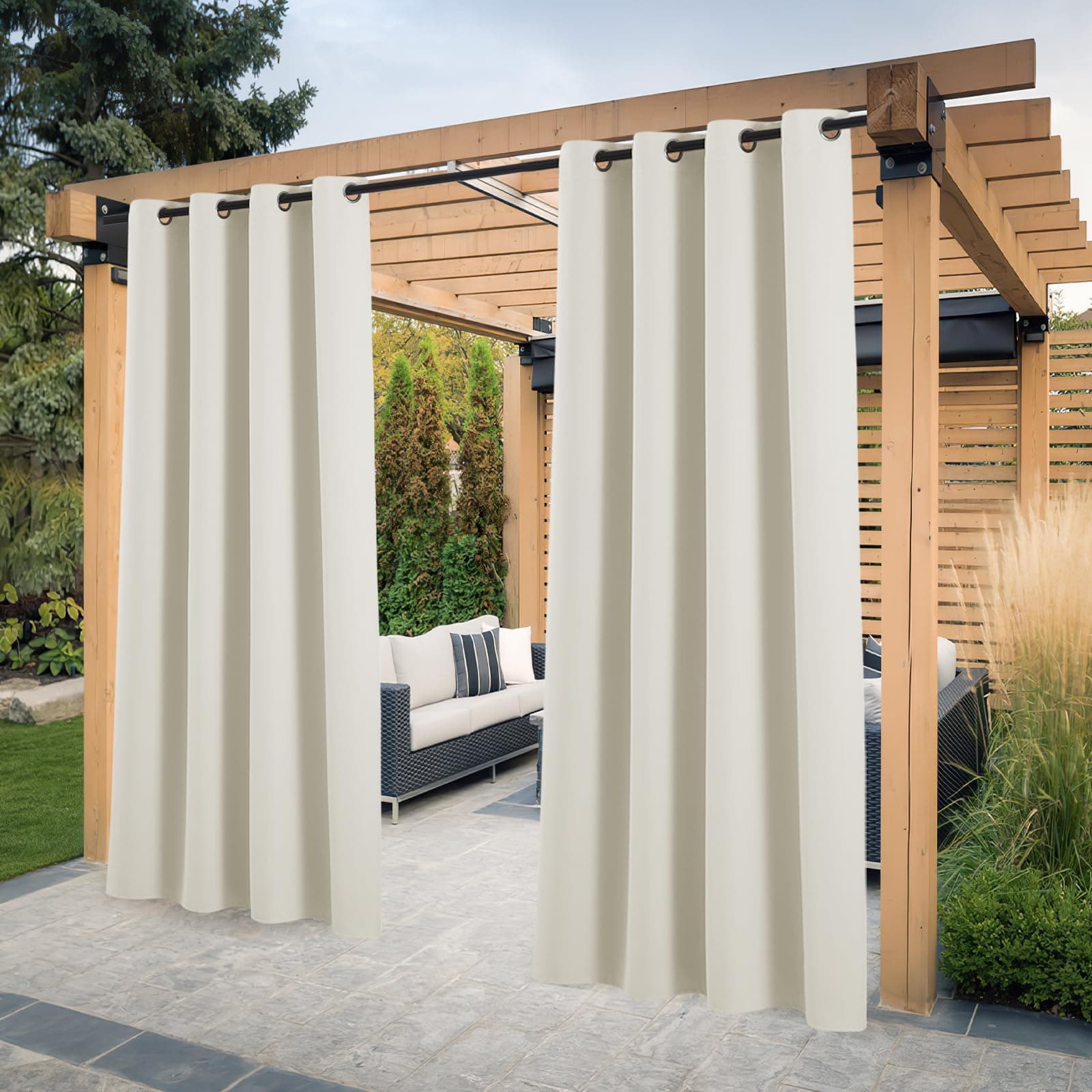 PONY DANCE Cortina de Exterior Impermeable para Porche/Terraza/Pergolas de Jardin, Cortinas Opacas con Protección UV con Ojales, 2 Piezas, 132x243 cm, Beige Claro
