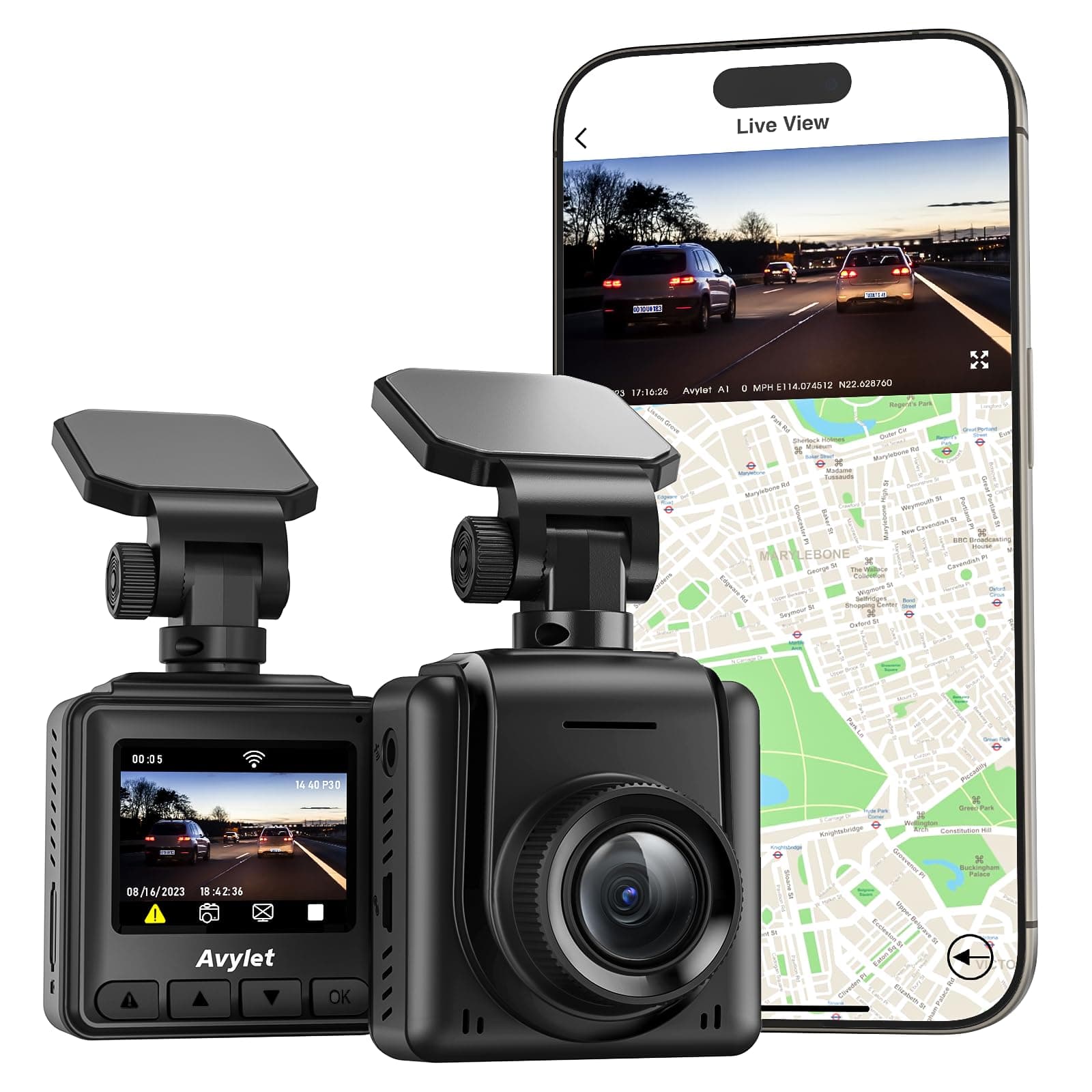 Avylet 2K Dash Cam Auto Wi-Fi, 1440P Mini Dashcam IPS 1.5'', Telecamera per Auto con APP, GPS Esterno, WDR Visione Notturna,Grandangolo 170°, 24H Monitor di Parcheggio, G-Sensor, Registrazione in Loop