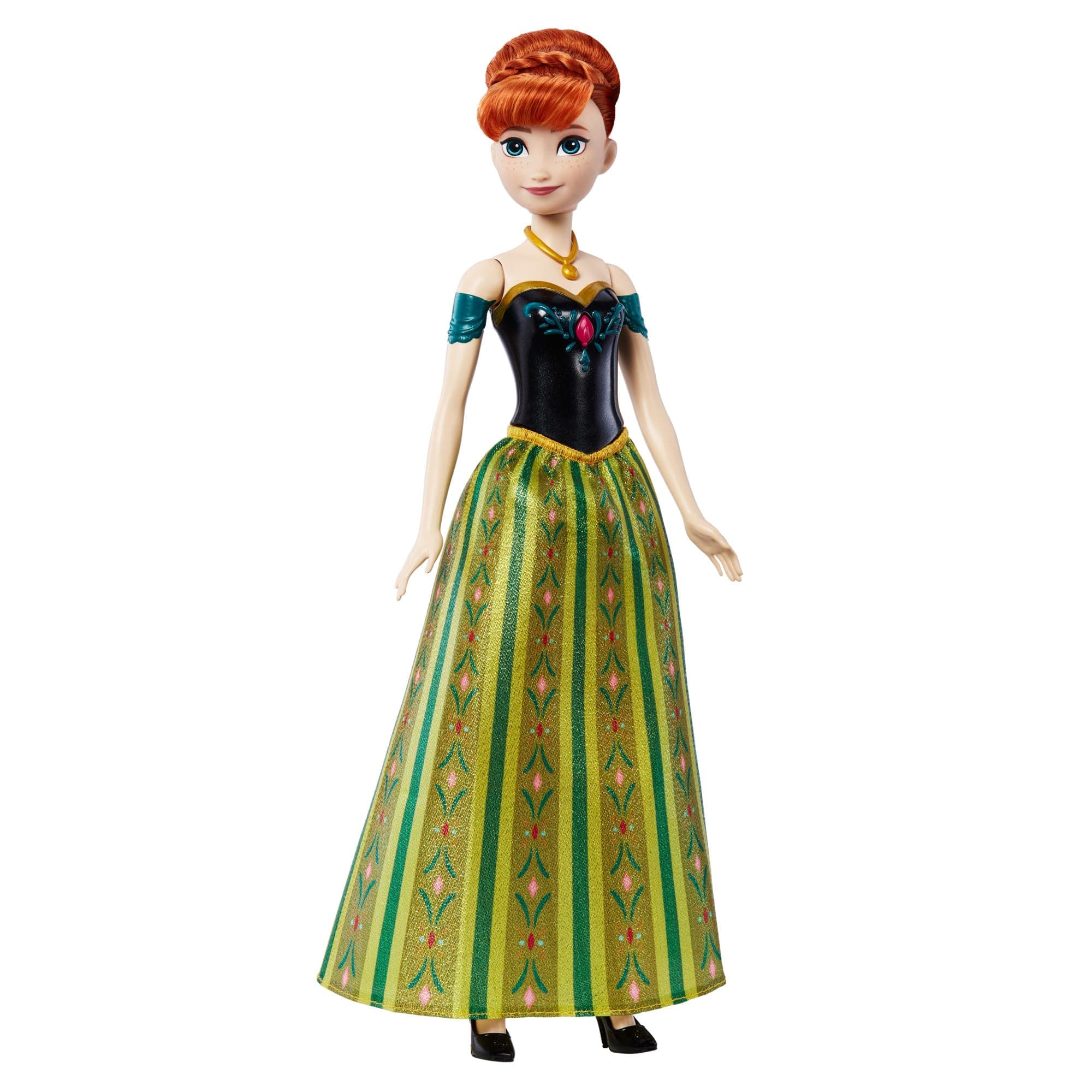 Mattel Spielzeuge aus Disney Die Eiskönigin, Singende Anna-Modepuppe in charakteristischem Outfit, singt Zum ersten Mal aus dem Disney-Film in Englisch, Französisch, Deutsch, Italienisch, JDL59