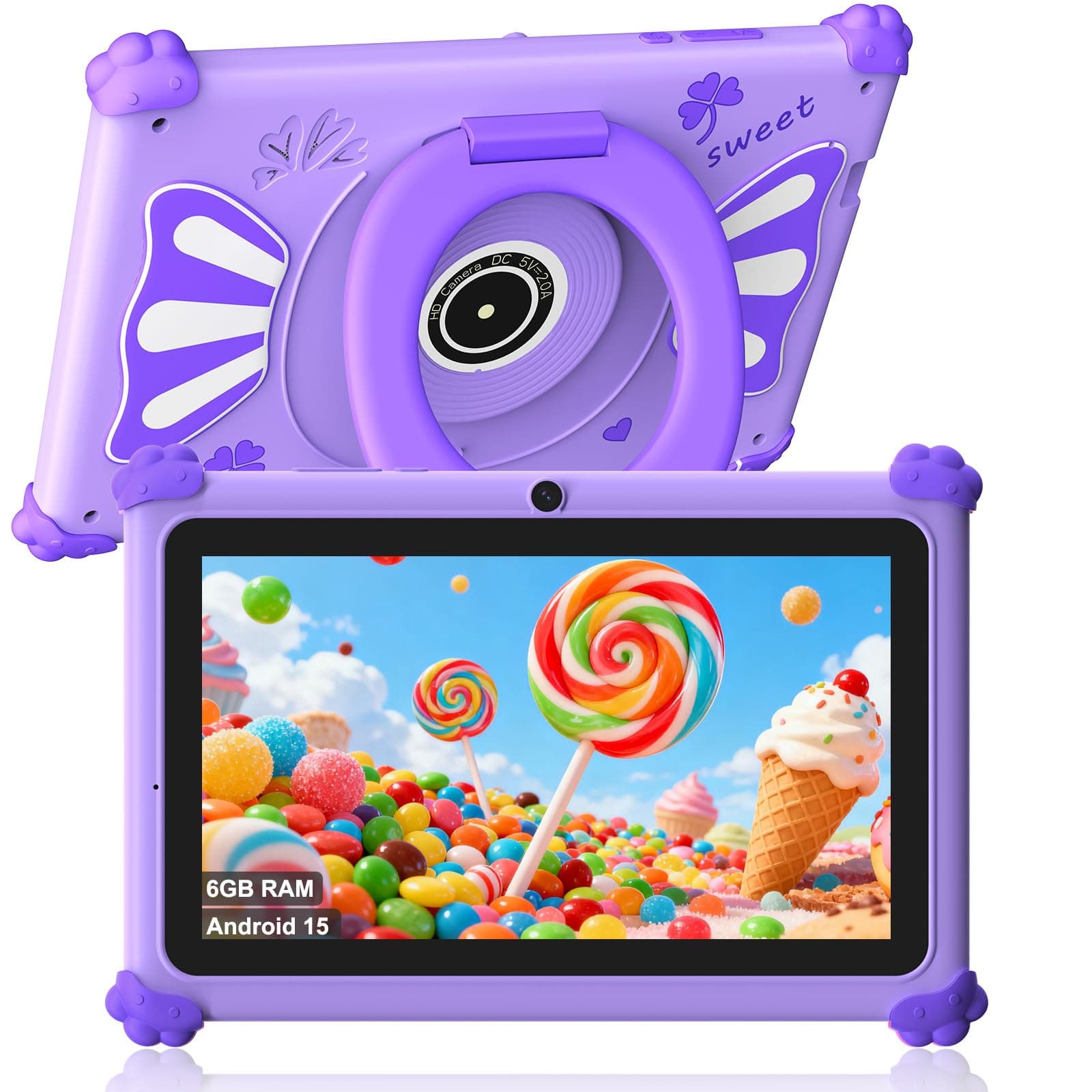 ascrecem Tablet Niños 7 Pulgadas Android 15 Tablet para Niños con 2.4G+5G WiFi6 Penta Core 6GB RAM 32GB ROM Tableta Infantil Doble Cámara 128GB Expandible Control Parental Juegos Educativos (Morado)