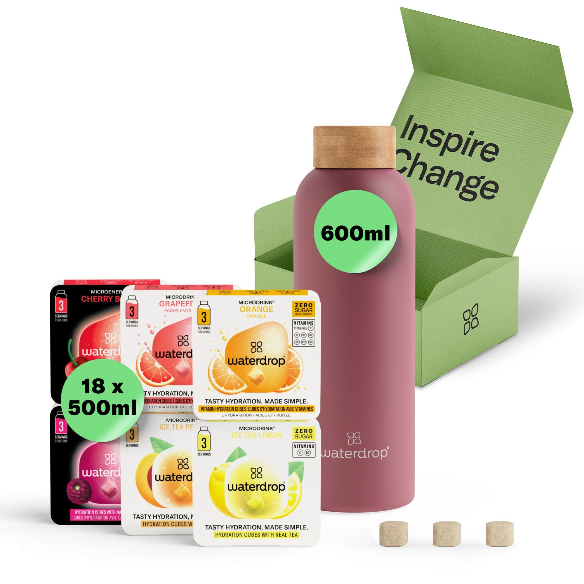 waterdrop® Starter Set - 600ml Trinkflasche mit Geschmack inkl. 18 zuckerfreie Drops - Geschenk für Frauen - Probierpaket mit Wasserflasche & Drops - Edelstahl Trinkflasche Kohlensäure geeignet