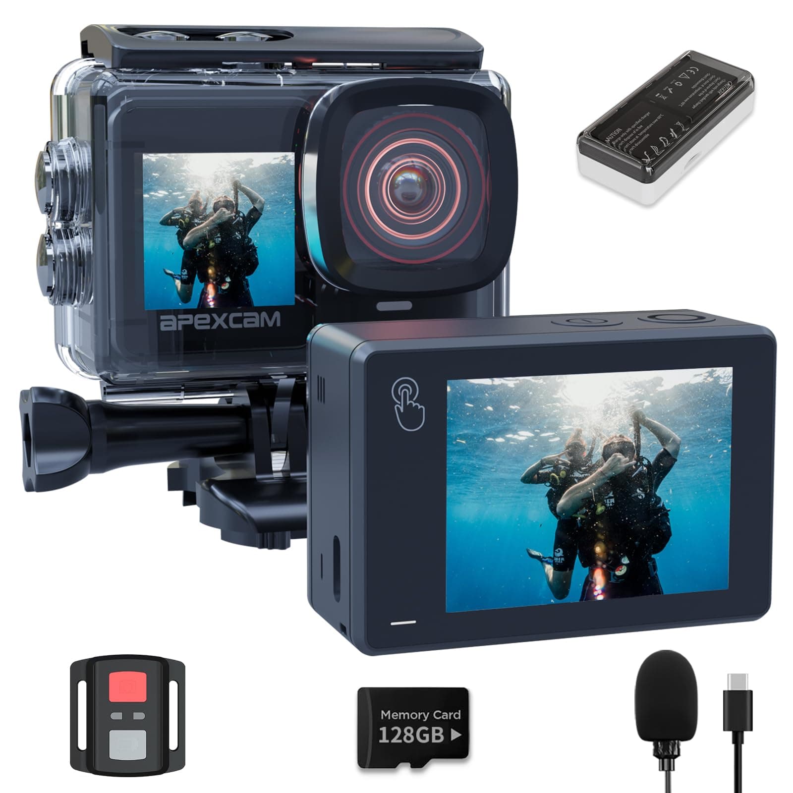 Caméra Sport 4K 48MP avec Carte 128GB, Action Cam Double Écran Tactile WiFi, Stabilisation EIS, Camera Étanche 40M avec Télécommande, 2 Batteries 1350mAh et Kit d’Accessoires, Idéal pour Vlog/Plongée