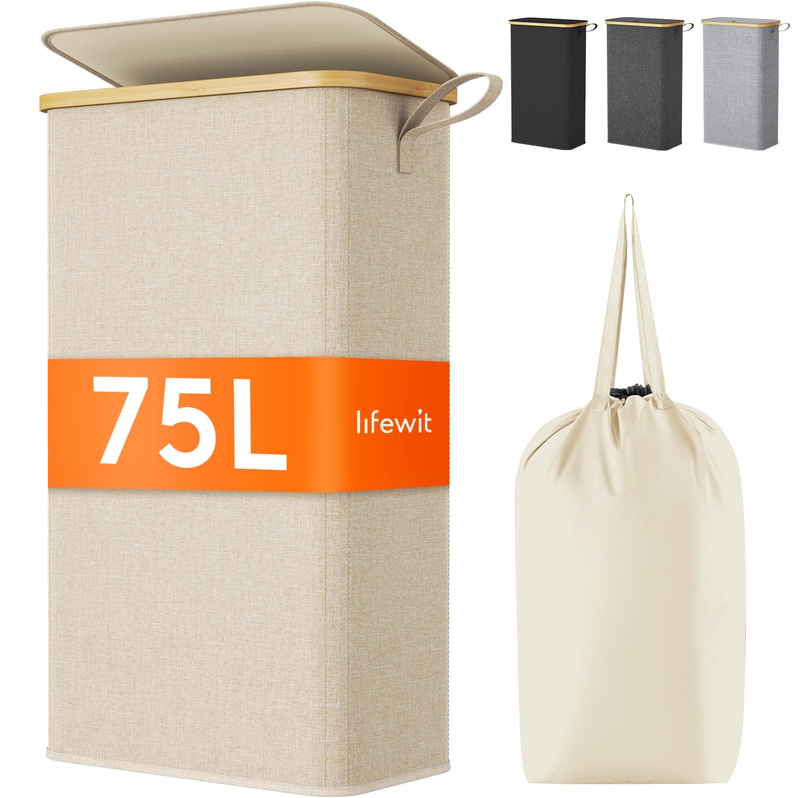 Lifewit 75L Wäschekorb Schmal mit Deckel, Faltbarer Wäschesammler Schmal mit Wäschesack, Laundry Basket Wäscheboxen aus Bambus mit Tragegriff für Apartment, Wohnheim und Wohnwagen, Beige
