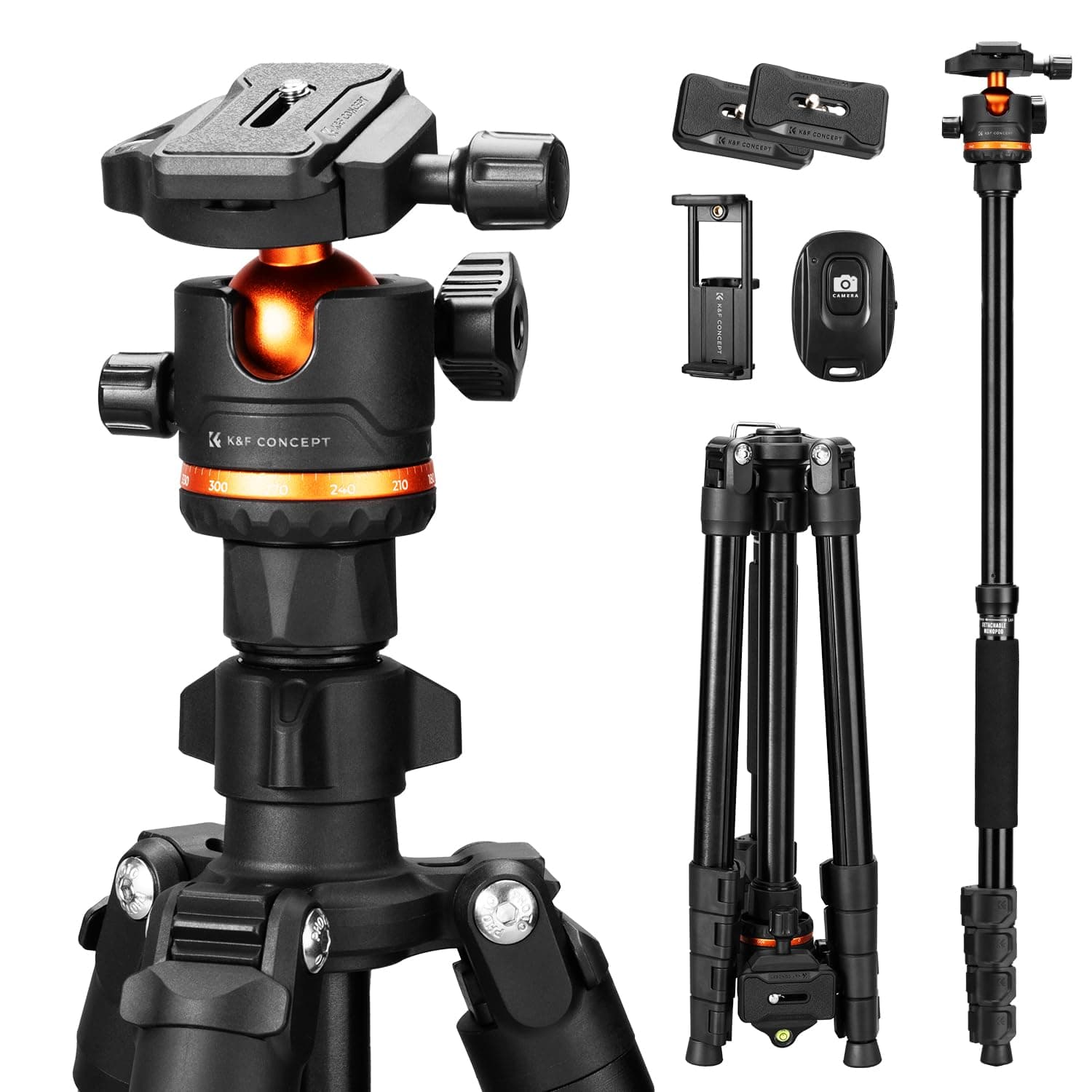 K&F CONCEPT Trípode Camera 192cm O275A5+BH-36 con Cabeza Esférica, Trípode para Viaje Capacidad de Carga 8kg con Soporte para Tablet y Mando a Distancia