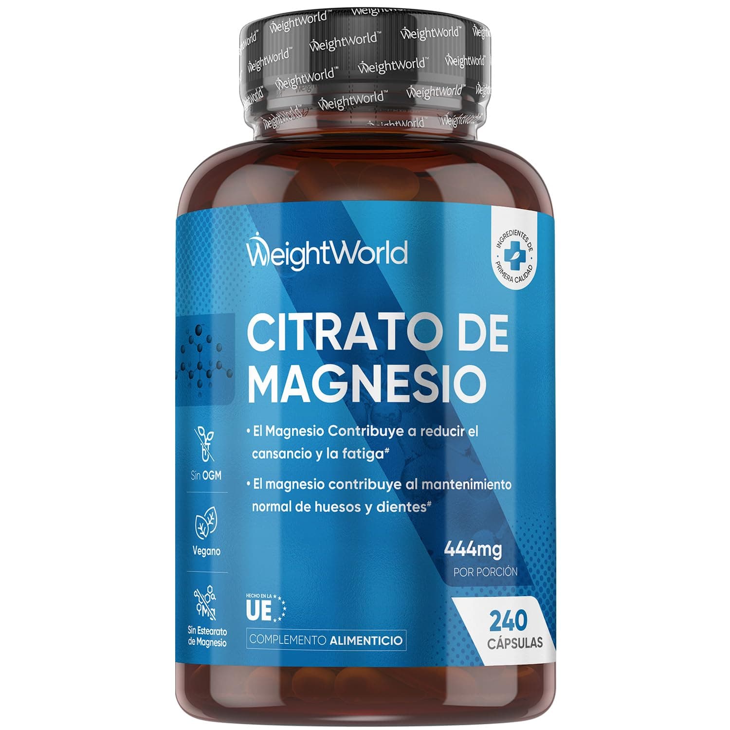 Citrato de Magnesio 240 Cápsulas Veganas - 444mg de Magnesio Puro provenientes de 1480mg del Citrato, Para 4 Meses, Contribuye a la Reducción del Cansancio y la Fatiga (EFSA), Sin Gluten ni OGM