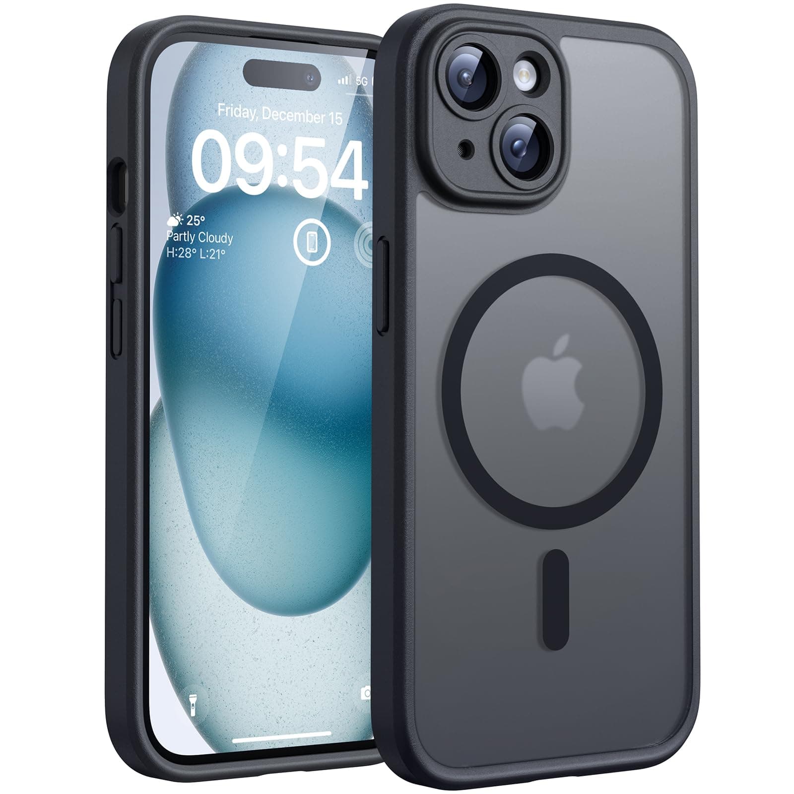 TOCOL Coque Magnétique pour iPhone 15 6,1 Pouces, Compatible avec MagSafe, Protection de l'objectif améliorée, Coque Mat Translucide Fine Antichoc, Noir