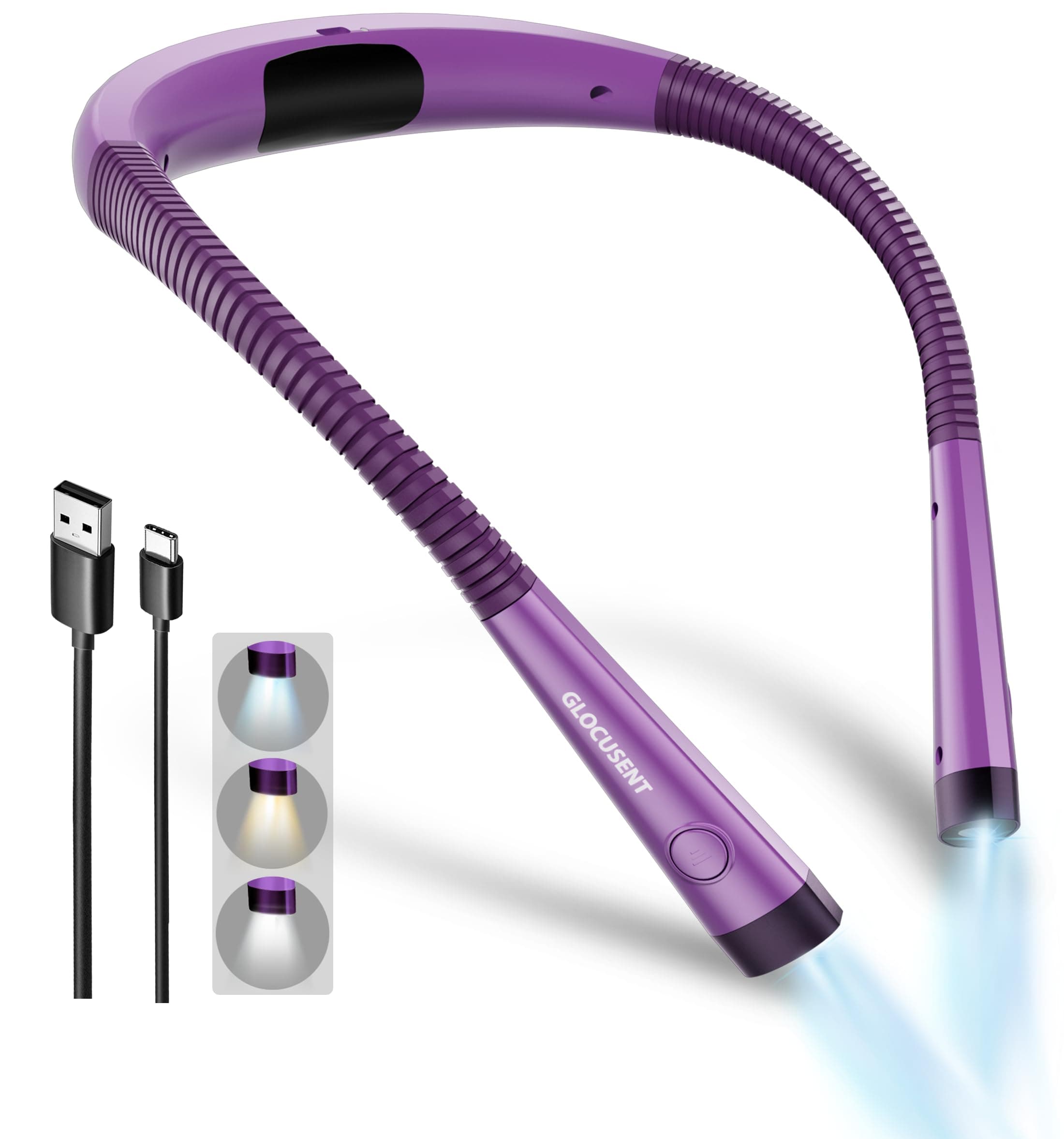 Glocusent Luz de Lectura, Lampara Libro de Lectura Recargable, 3 Colores, 6 Niveles de Iluminación, Brazos Flexibles, Larga Duración, Perfecto para Leer, Tejer, Acampar, Reparar