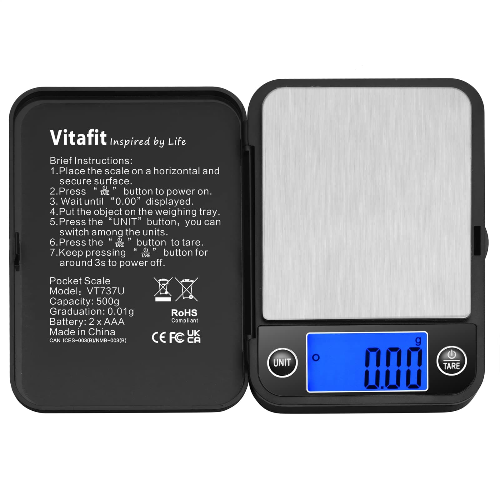 Vitafit Báscula de Precisión Digitale para Joyería Cocina Alimentos 500g x 0,01g, Balanza de Portátiles Multifuncional con Pantalla LCD Retroiluminada, Báscula Digital de Bolsillo, Negro