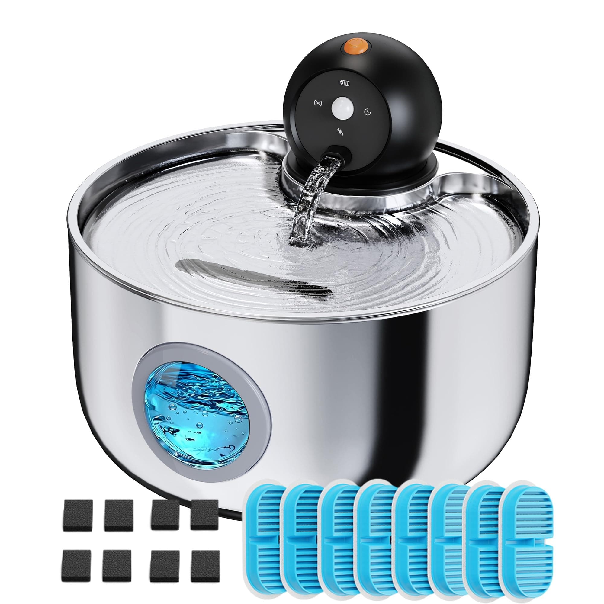 Bebedero Gatos Inalambrico Acero Inoxidable: Fuente Gatos Automatico con Sensor - 2.6L Fuente para Perros con Bateria Recargable - Dispensador Agua Mascotas con Ventana De Nivel - 16 Filtros