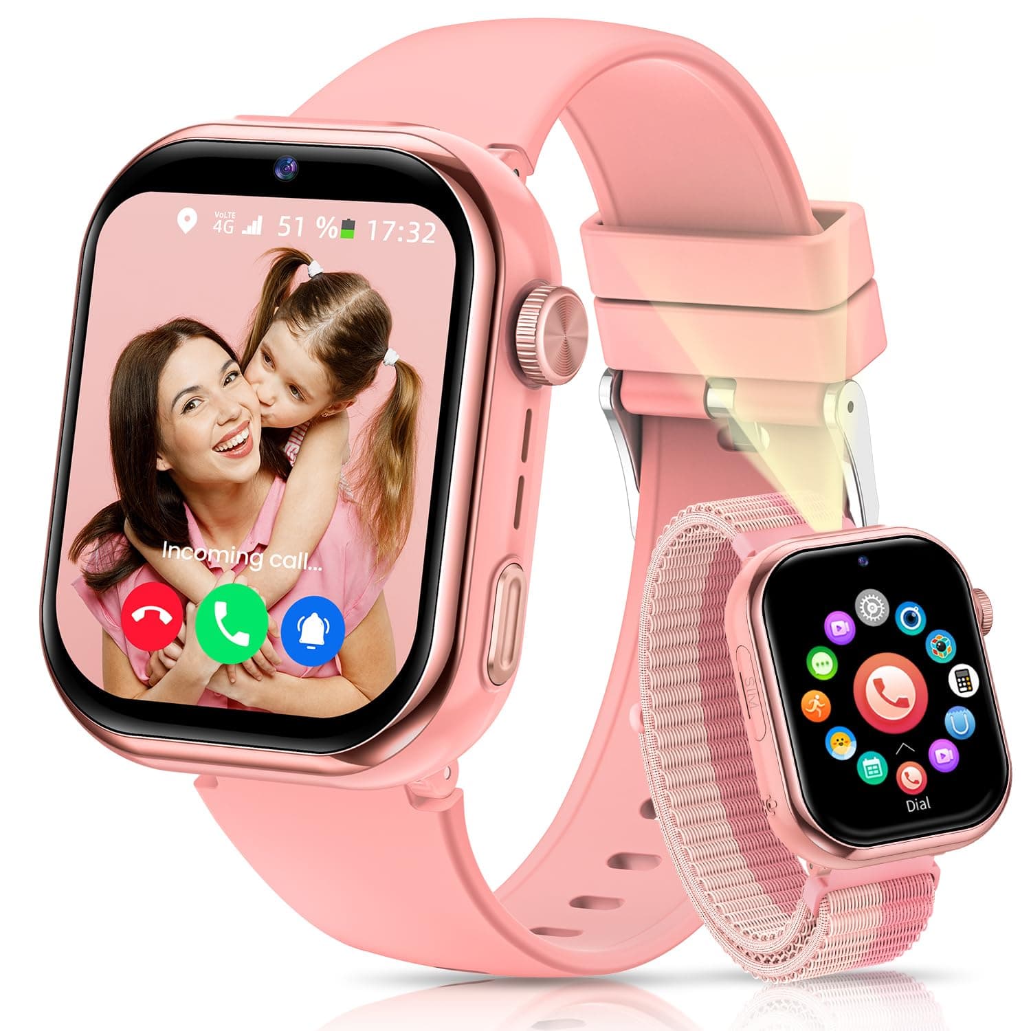 RUXINGX 4G Reloj Inteligente Niño, Smartwatch Niños con GPS, Llamadas, IP68 Impermeable, Doble Cámara, Chat de Voz, Linterna, Modo Escuela, Podómetro, Despertador Reloj Inteligente Niñas y Niños Rosa