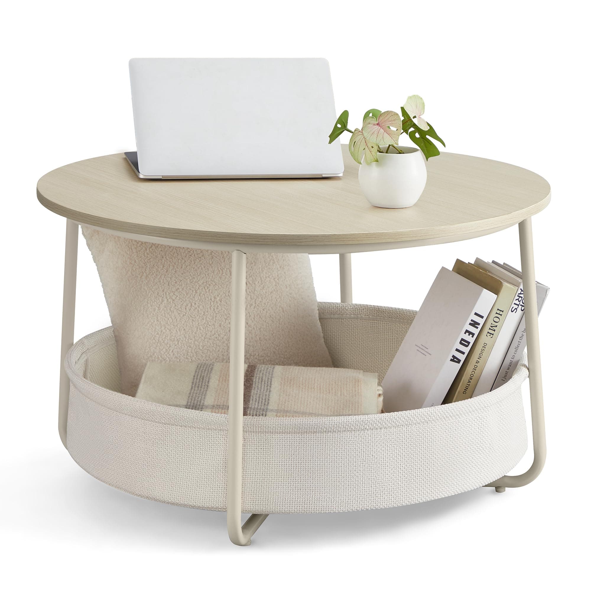 VASAGLE Couchtisch rund, Tisch mit Stauraum, Beistelltisch, Wohnzimmertisch mit Korb aus Stoff, modern, Metallrahmen, naturbeige-cremeweiß LCT244K01