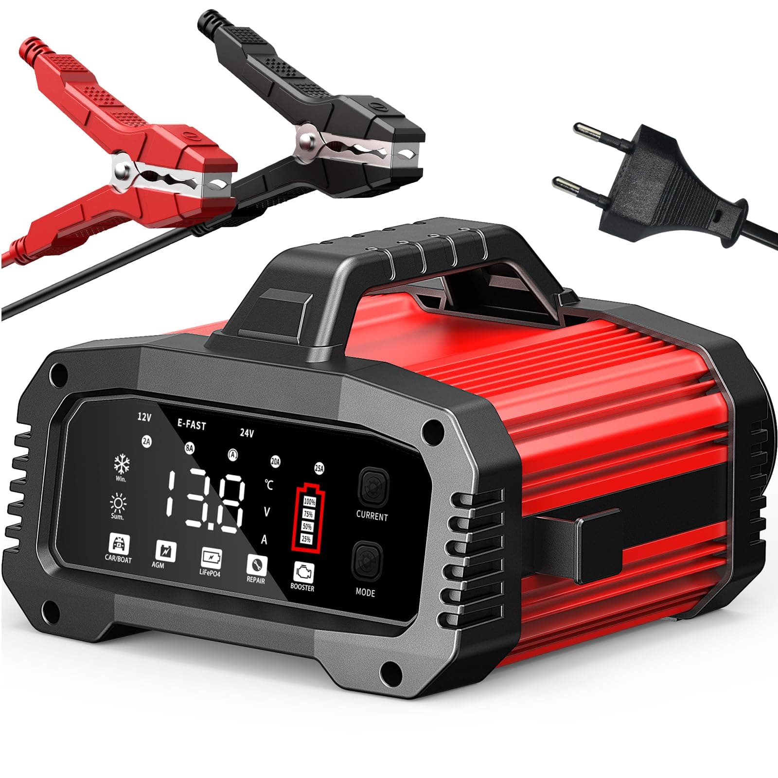 12V25A 24V15A Caricabatteria da Auto, Caricabatterie per Auto LiFePO4, Caricabatteria con Funzione BOOSTER, Intelligente Schermo LED Caricabatteria per Auto Moto Camion, AGM, Gel, SLA (25A)