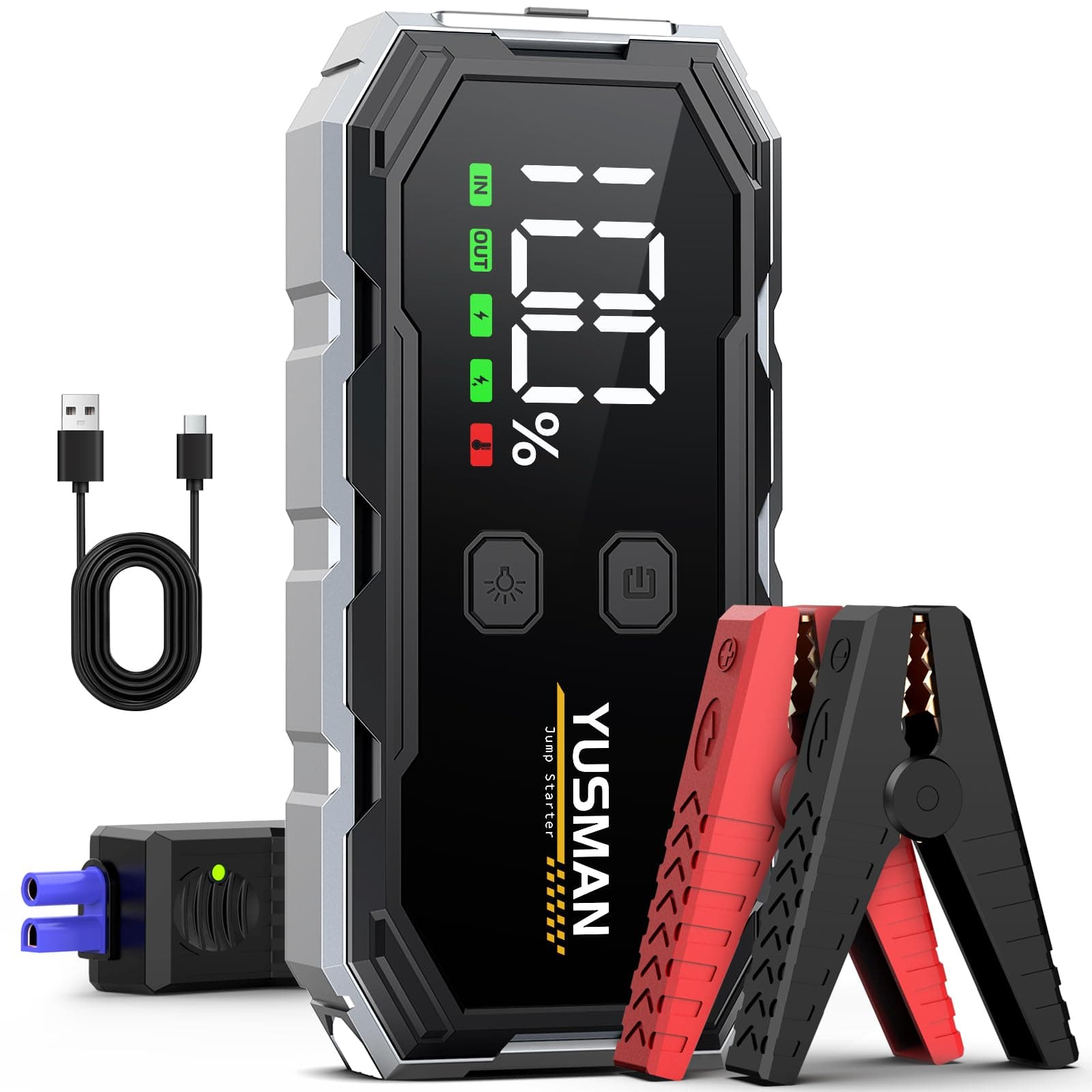 YUSMAN Booster Batterie Voiture 6000A Démarreur Batterie Voiture Supersafe(Jusqu'à 7L Gas/5.5L Diesel), 12V Jump Starter avec LED, 5 V/3A, QC3.0,Sortie USB, Pince Sécurité Intelligentes et Ecran LCD