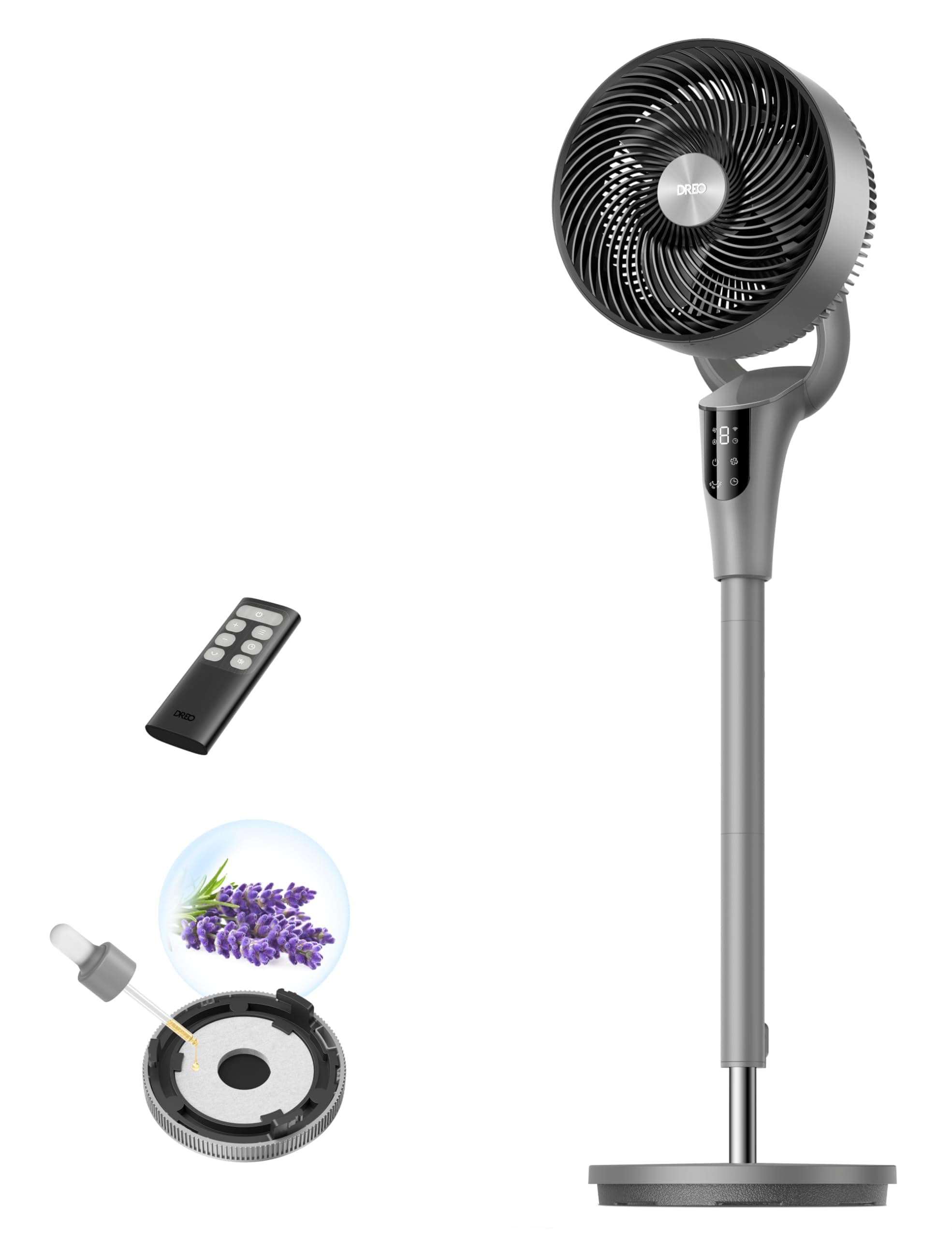 Dreo Ventilador de Pie Silencioso para Dormitorio [Mejorado], Flujo de Aire 27m, 20dB, Oscilación 90°, Motor DC, 8 Velocidades, 3 Modos, Altura 96–106 cm, Temporizador 8H, Inclinación 105°