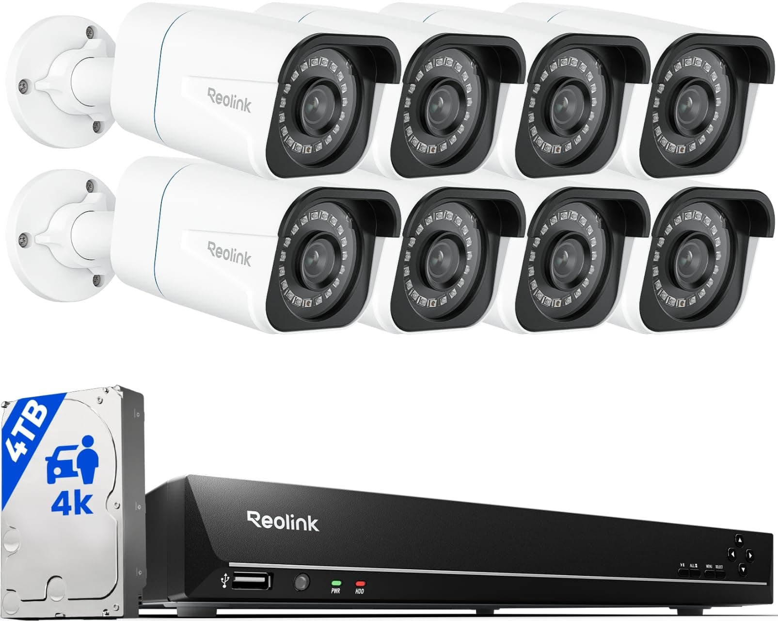 Reolink 8MP Kit Cámaras de Vigilancia PoE, Detección de Personas y Vehículos, 8X 4K Cámaras IP PoE Exterior, H.265 16CH NVR con 4TB HDD para Grabación Continua, Visión Nocturna, RLK16-800B8