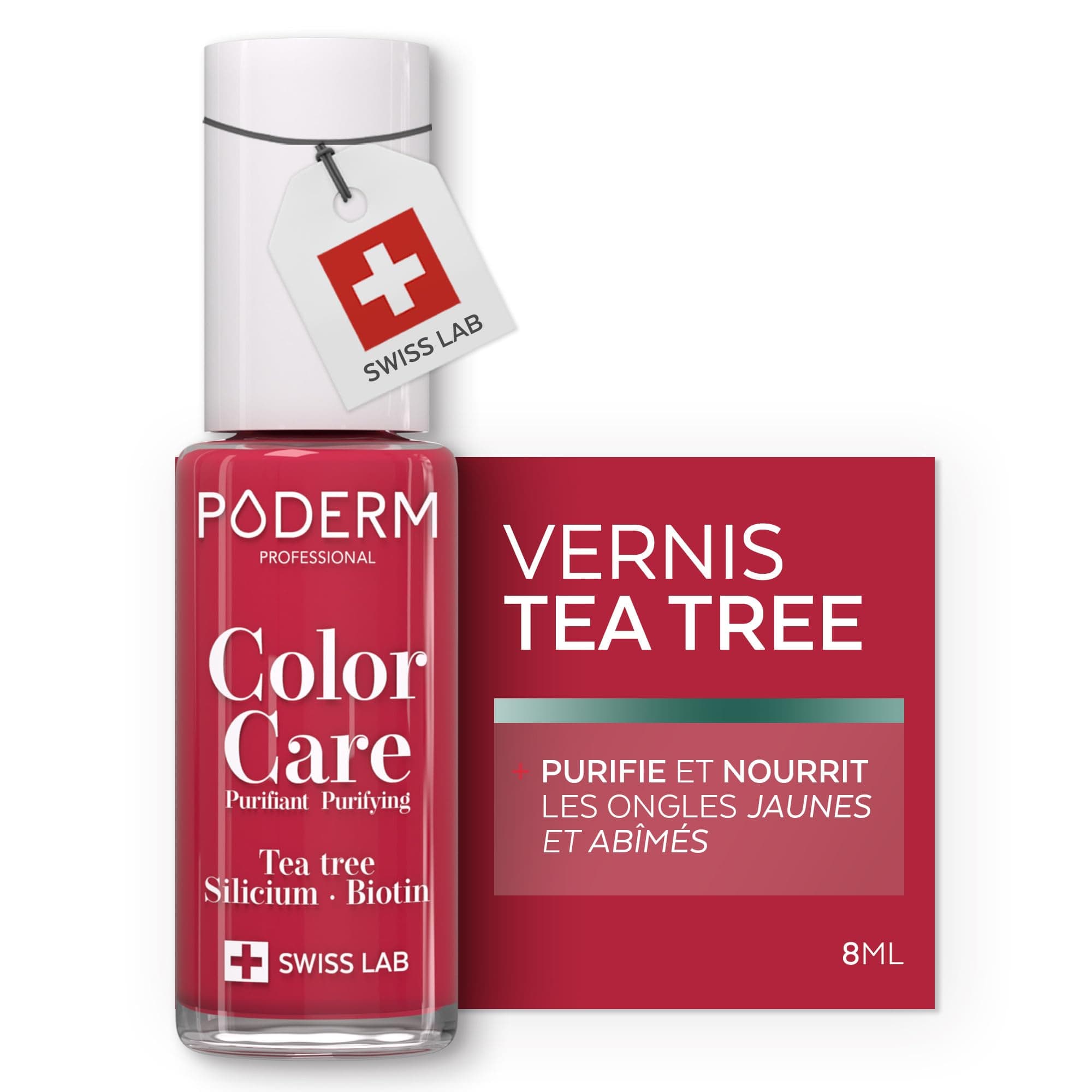 PODERM Vernis Mycose à Ongles - Swiss Made | Couleur Rouge Rose - 8ML | Antifongique au Tea Tree, Silicium & Biotine | Renforce, Répare & Camoufle les Ongles Jaunes et Abîmés | Créé par une Podologue