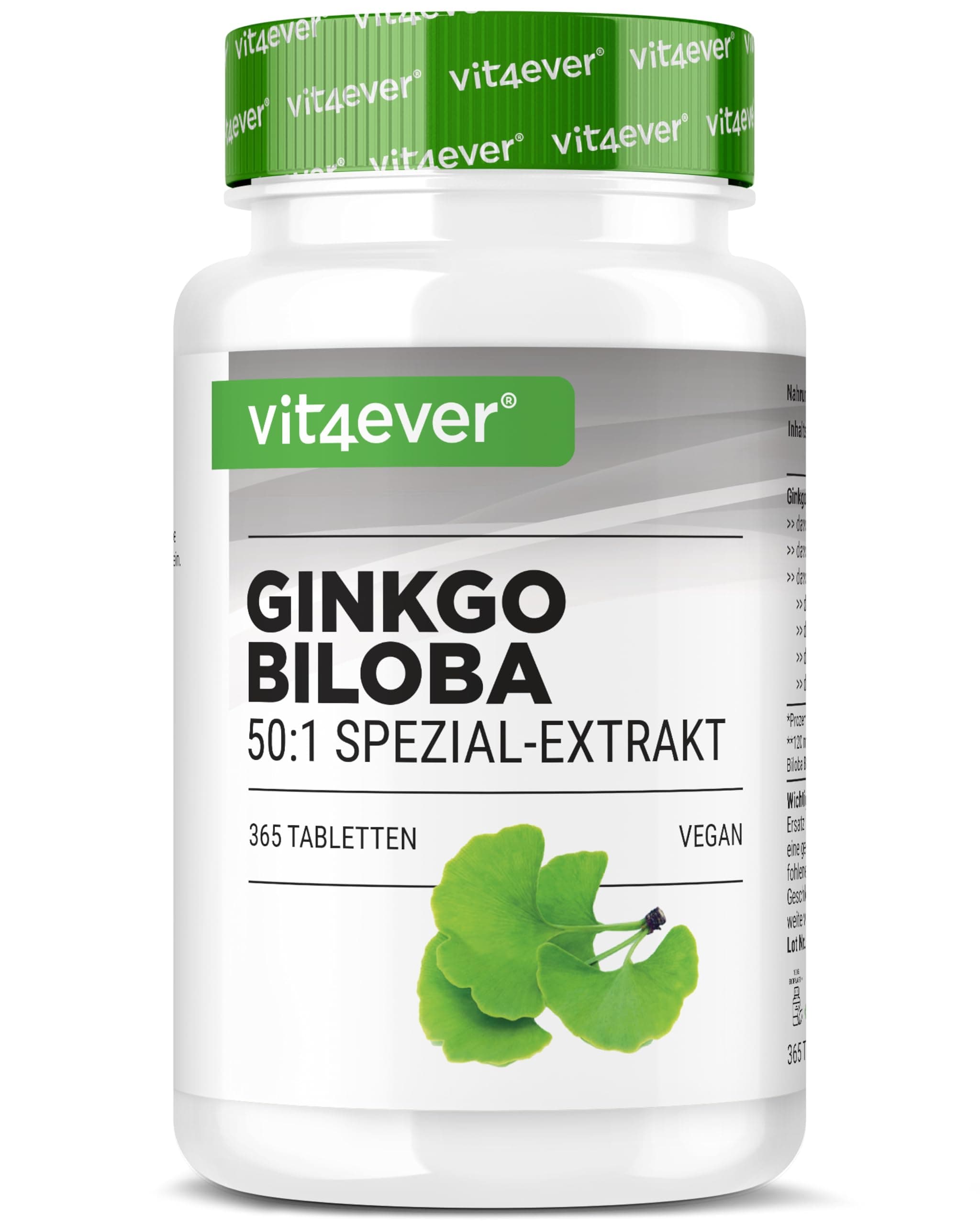 vit4ever Ginkgo Biloba 6000 mg - 365 Tabletten – Premium Extrakt: Mit Flavonglykoside + Ginkgolid-Terpenlactone & frei Ginkgolsäure - Laborgeprüft - Hochdosiert – Vegan