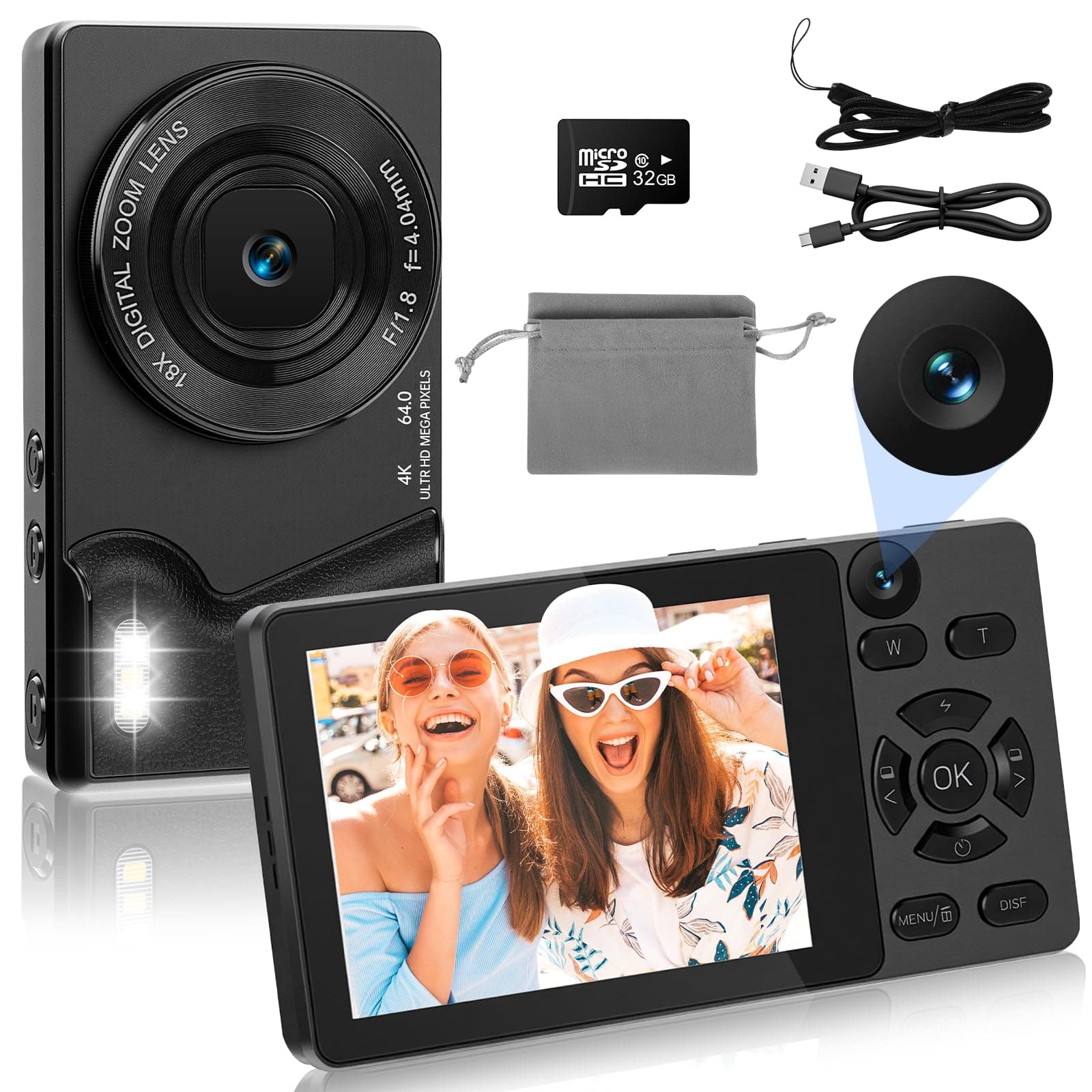 HERBYD Cámara Digital 4K 64MP con Dual Cámara Frontal y Trasera, Autofoco, Pantalla de 2,8 Pulgadas 18X Zoom Digital 32GB Tarjeta Compacta Cámara para Vlogging Niños Adolescentes (Negro)