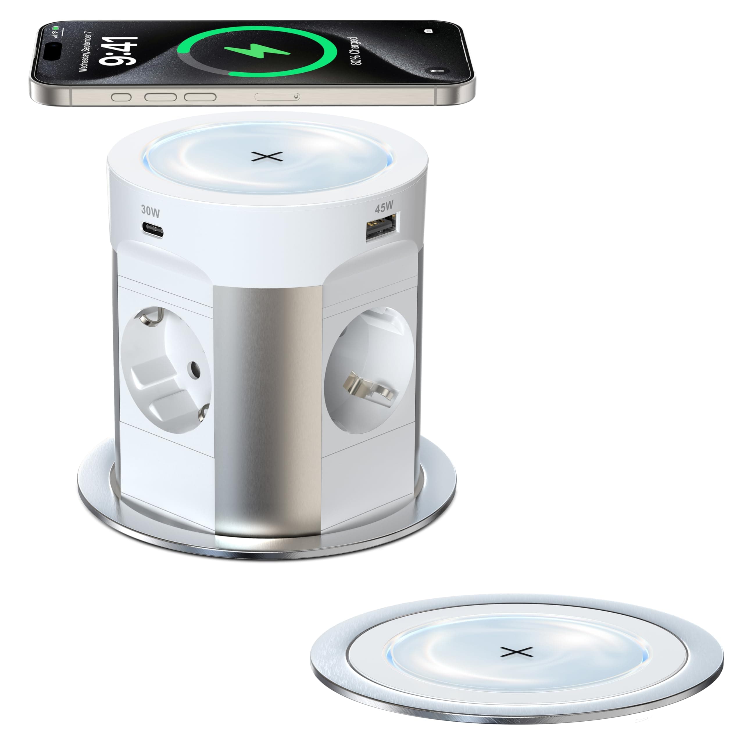 Multiprise de table 9 en 1 avec USB C PD75 W, 4 prises, avec charge sans fil de 15 W, prise rétractable Sewingvr pour plan de travail, bureau, cuisine, câble de 1,8 m, diamètre 100 mm, blanc