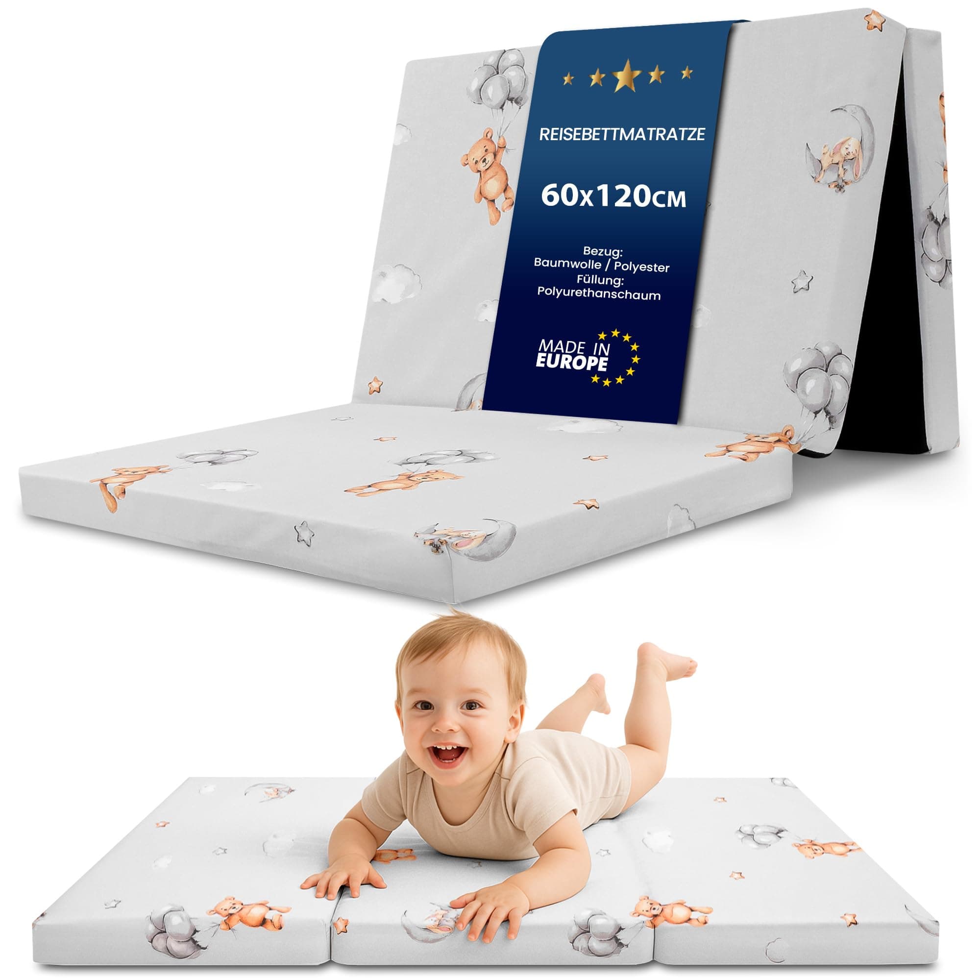Totsy Baby Matelas Bebe Pliable 60x120 cm pour lit - Matelas bébé pour Lits Parapluie Sol Enfant et Respirant en Mousse avec Lavable Housse 60 x 120 cm Ours en Peluche