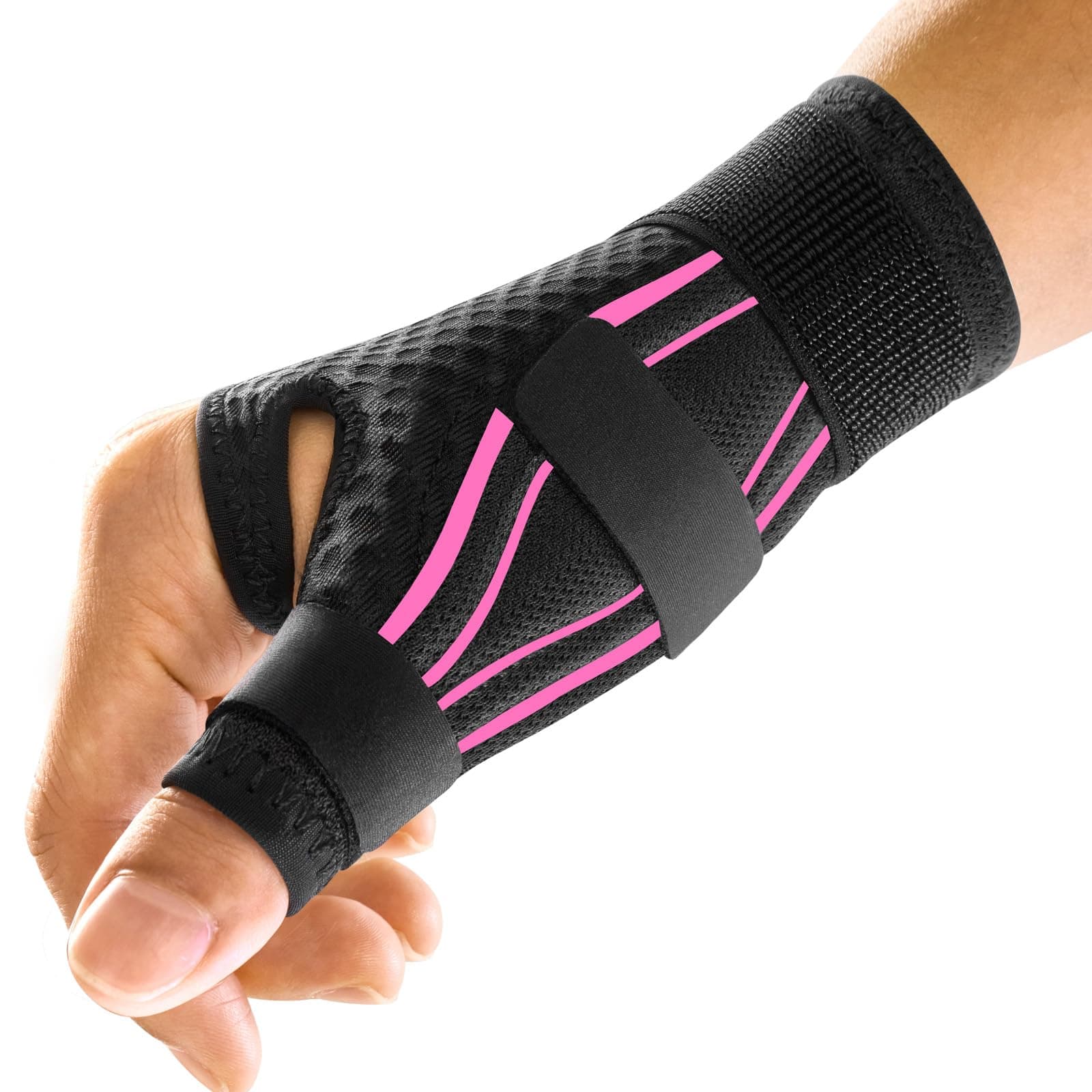 FREETOO Ergonomique Attelle de Pouce pour Tendinite, Arthrose, Rhizarthrose, Pouce à Ressaut, Canal Carpien, Orthèse de Pouce Droit ou Gauche pour Entorse, Tendinite De Quervain (Rose/Noir S/M)