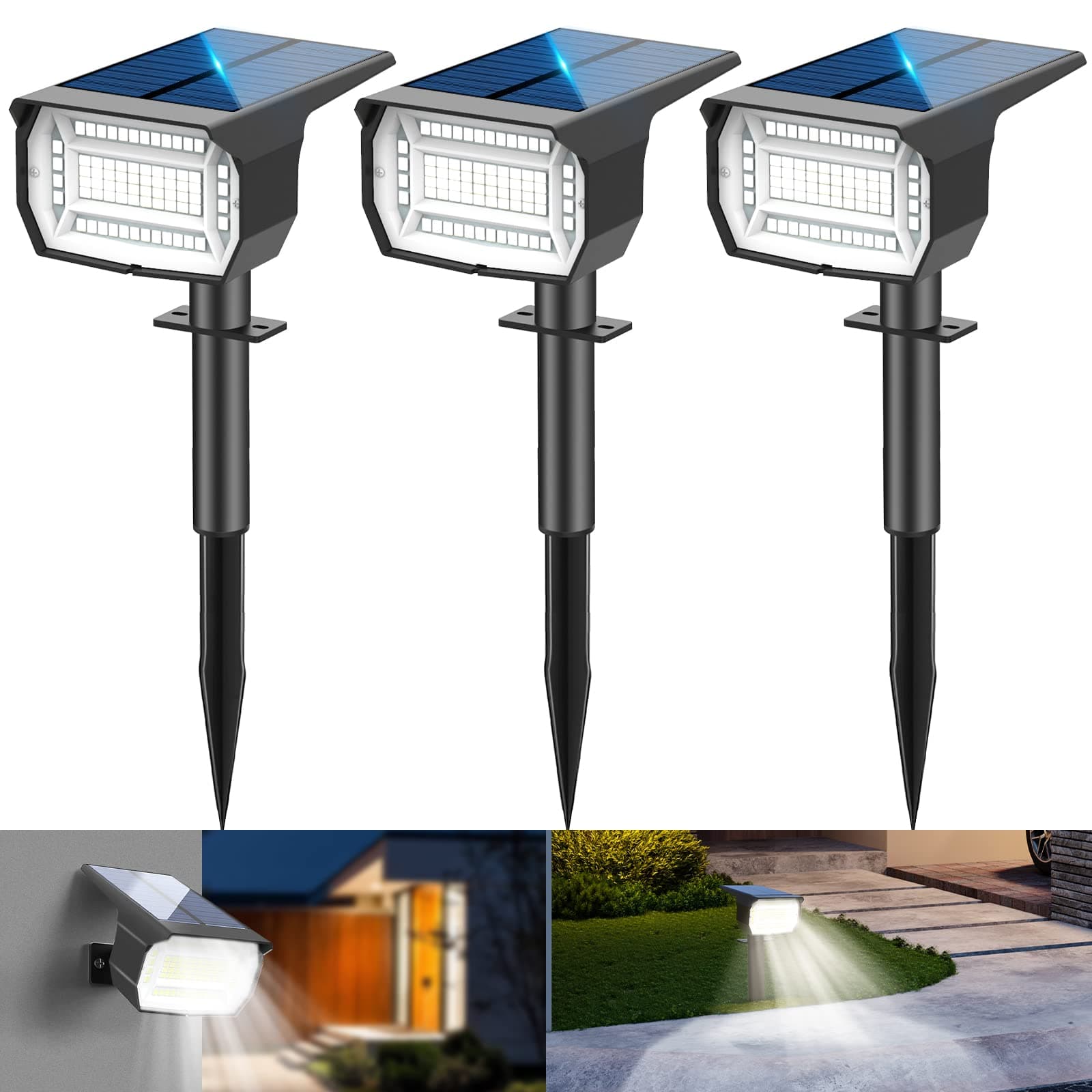 LOTMOS [72 LED/3 Piezas Luces Solares Exterior Jardin Impermeable IP67 Focos, Lampara para Patio,Caminos,Terraza,Suelo,Calzada,Piscina,Césped,Carril,Camping