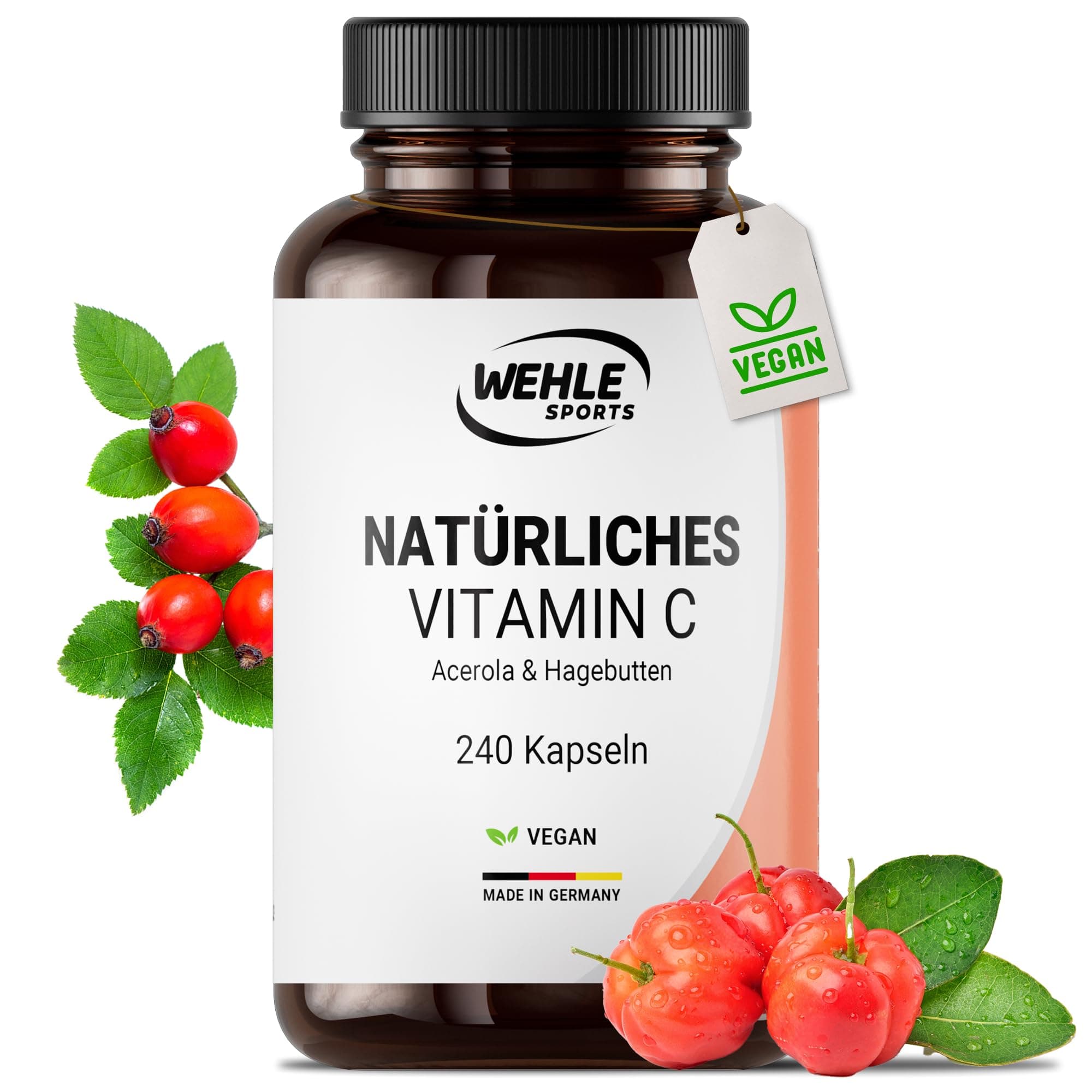 Vitamin C hochdosiert – 240 vegane Kapseln, 4-Monats-Vorrat, mit Acerola- und Hagebutten-Extrakt, 400mg Vitamin C pro Tagesdosis (2 Kapseln), laborgeprüft – Wehle Sports®