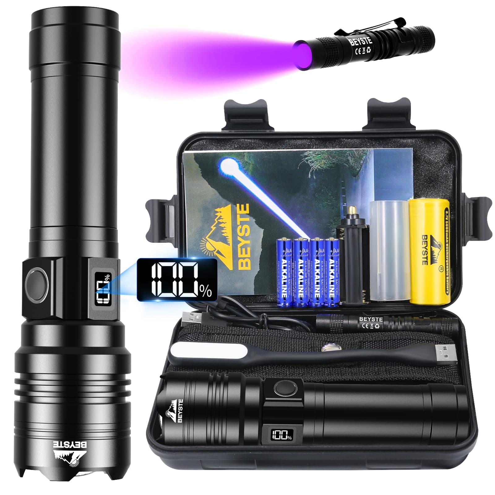 BEYSTE Linternas LED Alta Potencia, 1,000,000 Lúmenes Linterna LED Recargable, Militar Linterna Alta Potencia Potente Largo Alcance, Impermeable Flashlight para Emergencias Camping Regalo