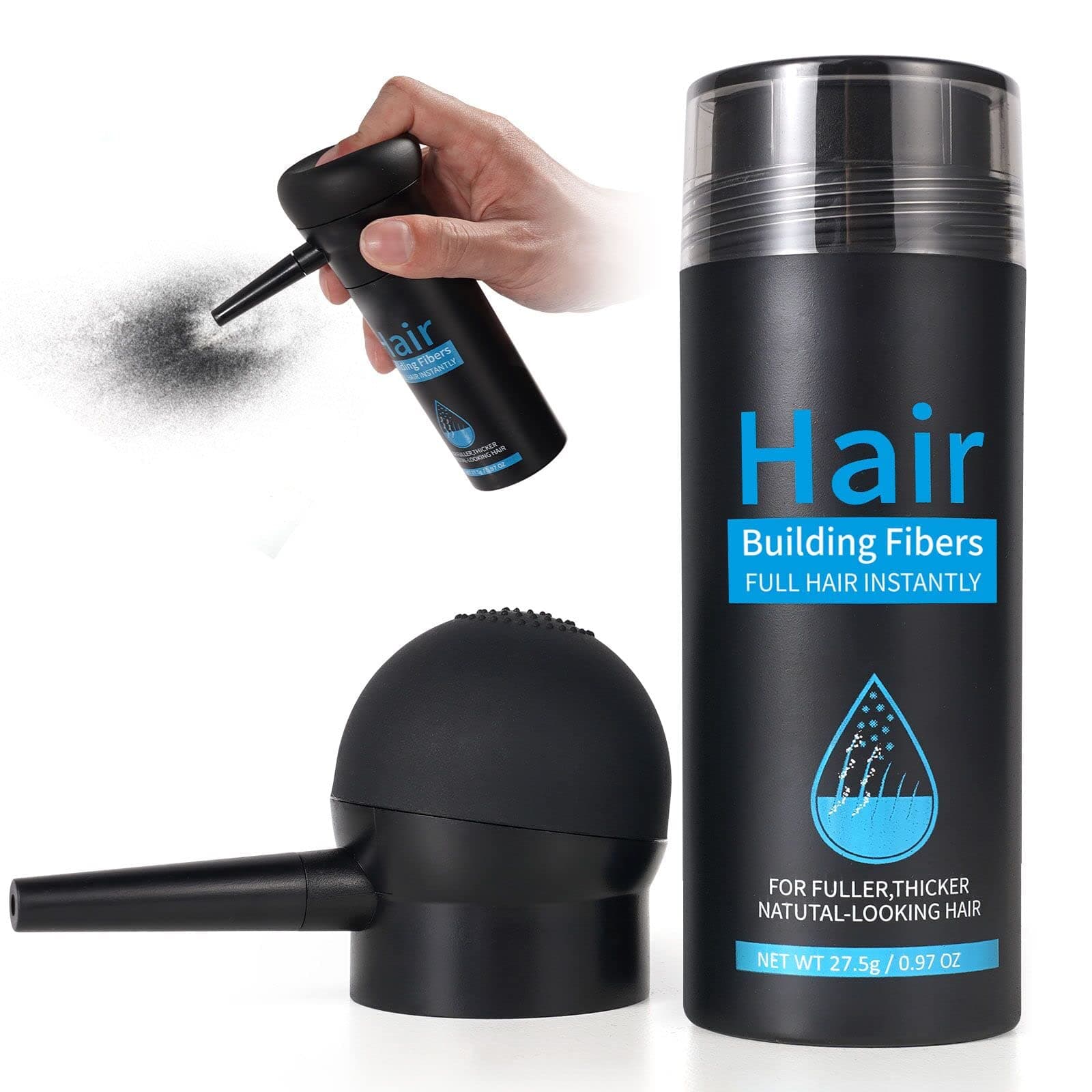 Fibres Capillaires Avec Applicateur en Spray, Poudre de Cheveux de Qualité Professionnelle, Correcteur de Perte de Cheveux Pour Cheveux Clairsemés Pour Femmes et Hommes (2 pièces Le Noir)