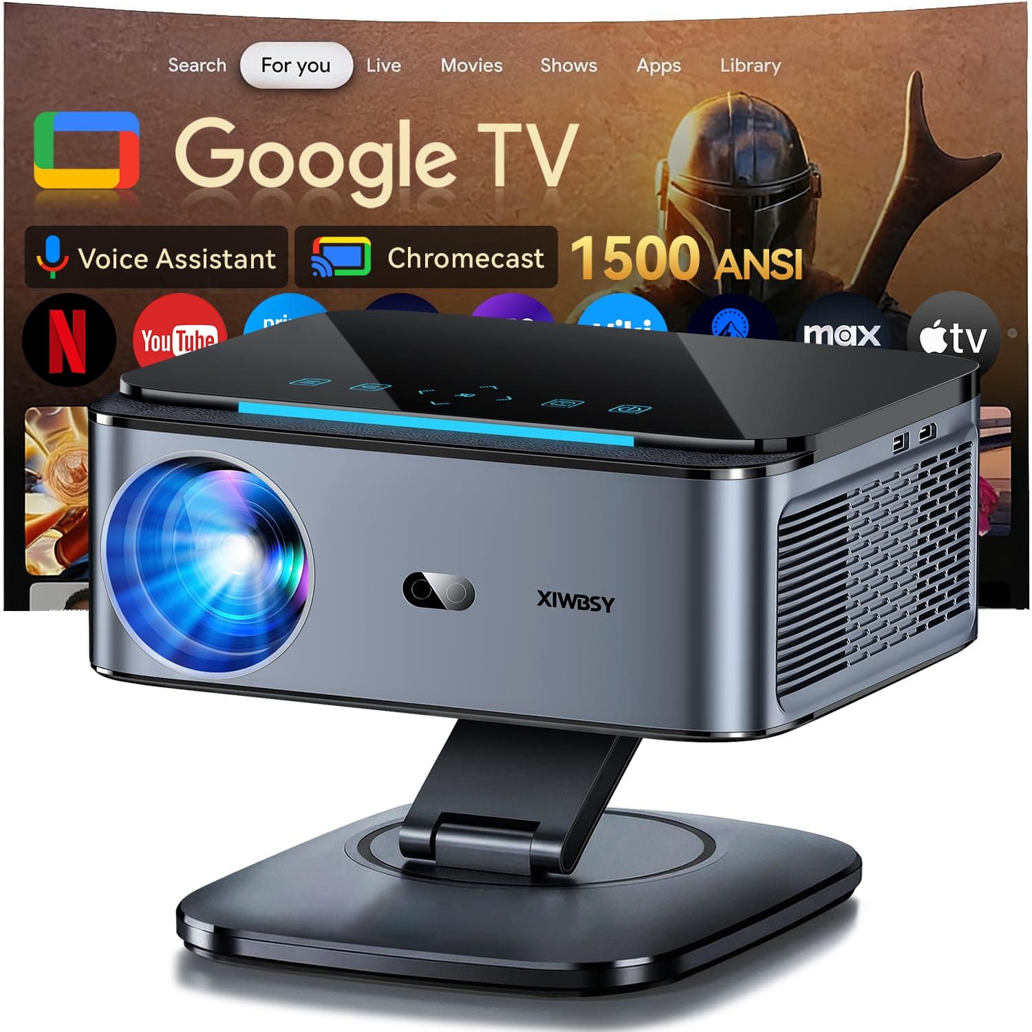 Proyector【1500 ANSI/Google TV/Auto Focus】 XIWBSY Proyector Portatil 38000 Lúmenes, Gira 360 °, WiFi 6 Bluetooth 5.3, Control por Voz, Soporte 4K 1080P, Proyectores Video Cine En Casa/Exterior Netflix