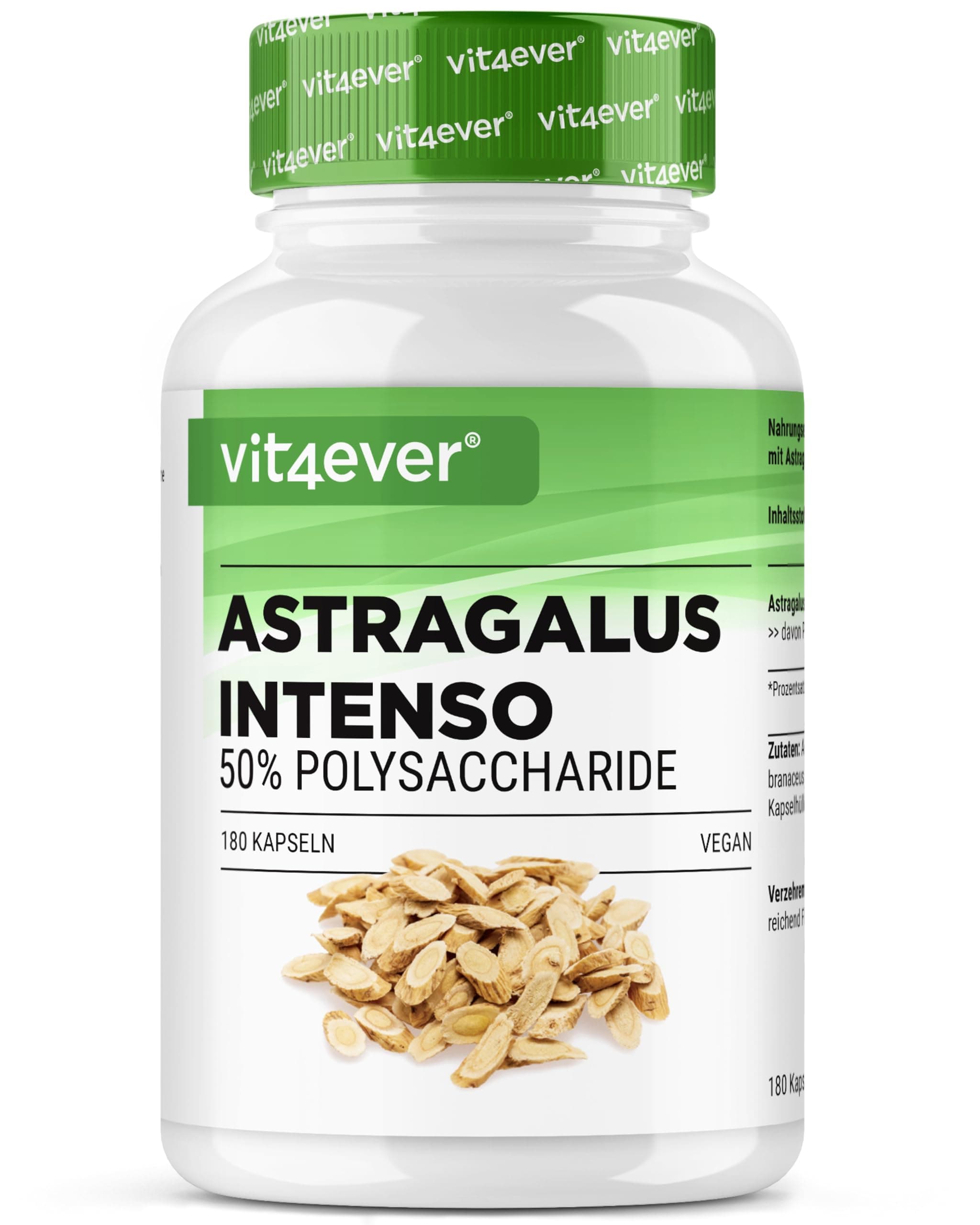 vit4ever Astragalus - Hochdosiert mit 1400 mg reinem Extrakt pro Tag - 180 Kapseln - Premium: 50% Polysaccharide - Reines Tragant Extrakt - Ohne unerwünschte Zusätze - Vegan