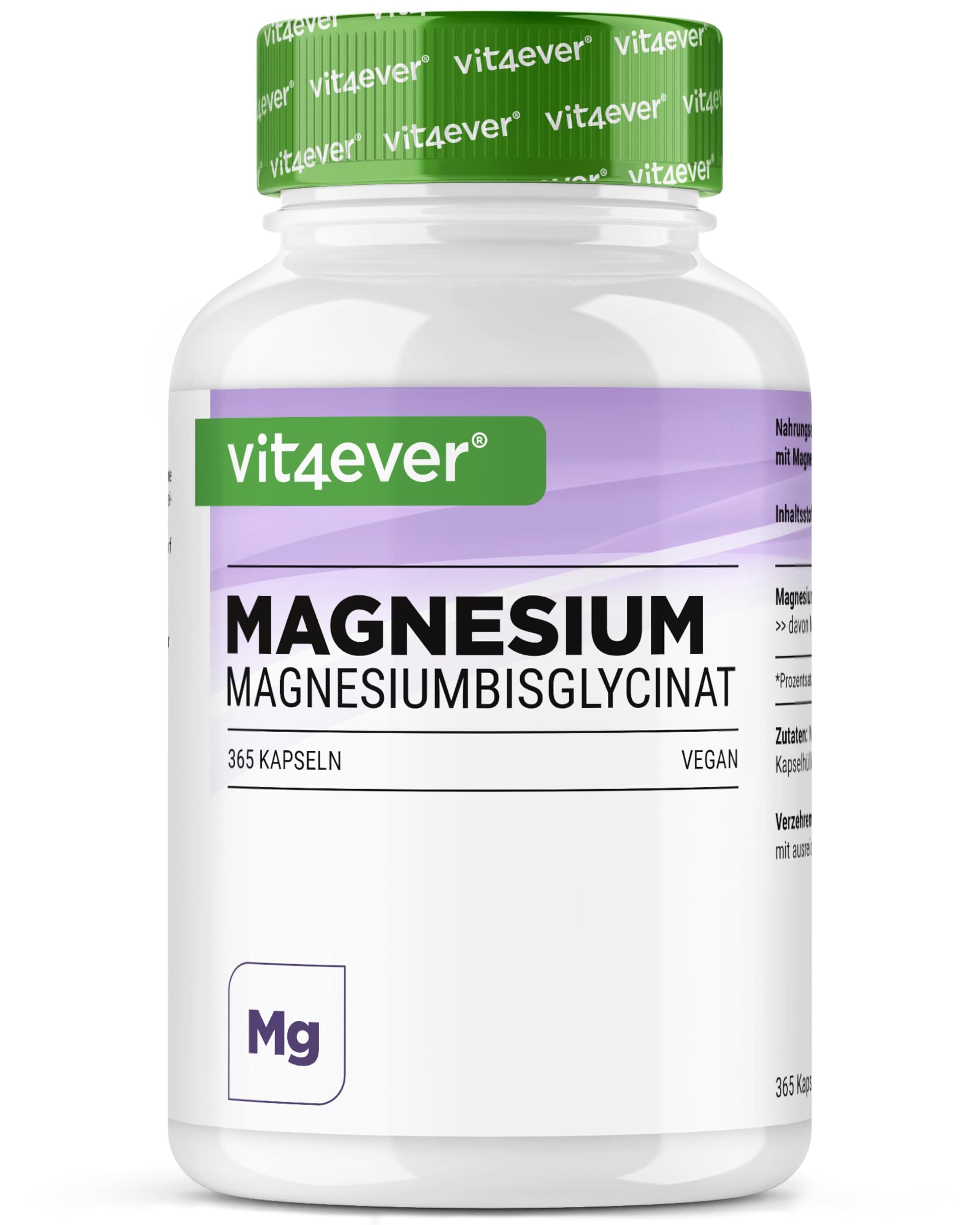 vit4ever Magnesiumbisglycinat - 365 Kapseln - 300 mg elementares Magnesium pro Tagesdosis - Premium: Chelatiertes Magnesium - Laborgeprüft, vegan, hochdosiert