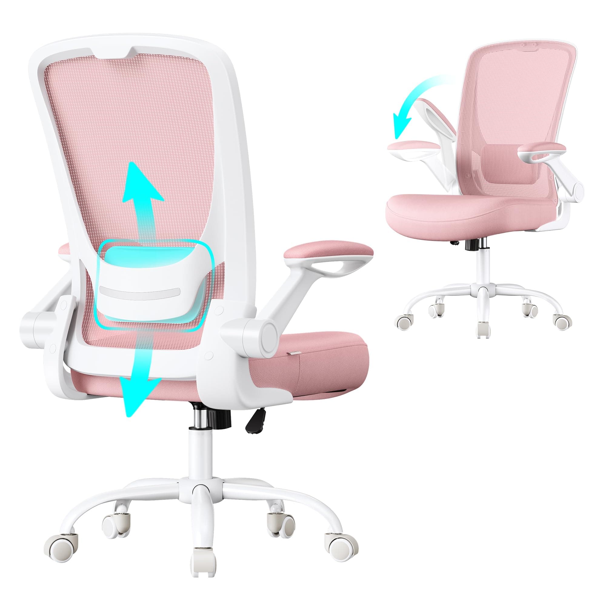 SONGMICS Silla de Oficina, Silla de Escritorio de Malla, Silla Giratoria Ergonómica, Soporte Lumbar, Oscilante, Asiento de 53 cm, Apoyabrazos Abatibles, Rosa Pastel OBN037R01