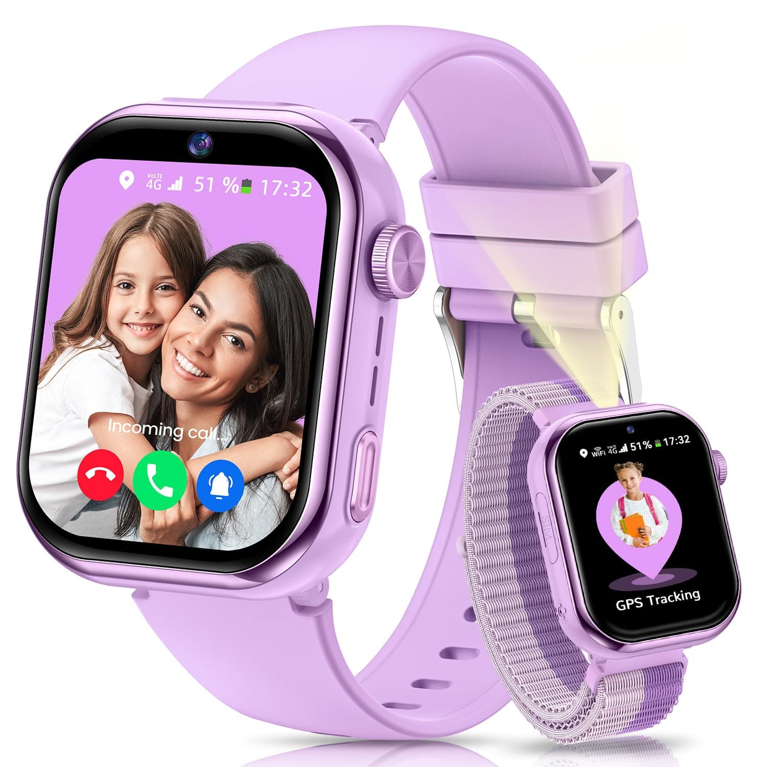 4G Reloj Inteligente Niña, 1.83'' HD Smartwatch Niñas con GPS y Llamadas, Videollamadas, Chat de Voz, Modo Escuela, Doble Cámara, Monitor de Sueño, Podómetro, Despertador IP68 para Niñas Niños Púrpura
