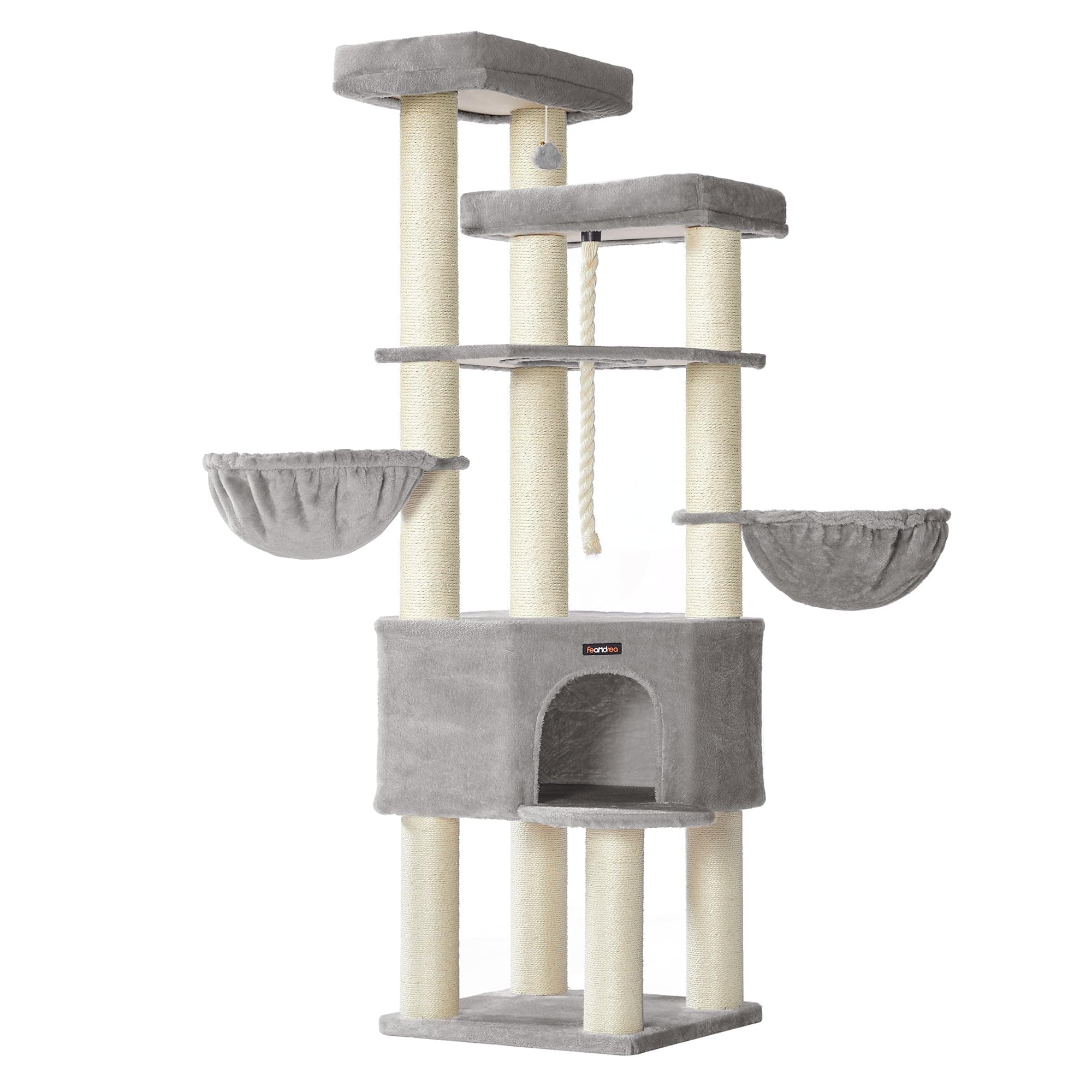 Feandrea Grand Arbre à Chat, Tour de Jeux pour Chat à Plusieurs Niveaux, XXL, 55 x 55 x 186,7 cm, Poteaux en Sisal de 11 cm de Diamètre, Les Maine Coons, Gris Tourterelle et Blanc Crème PCT008G01