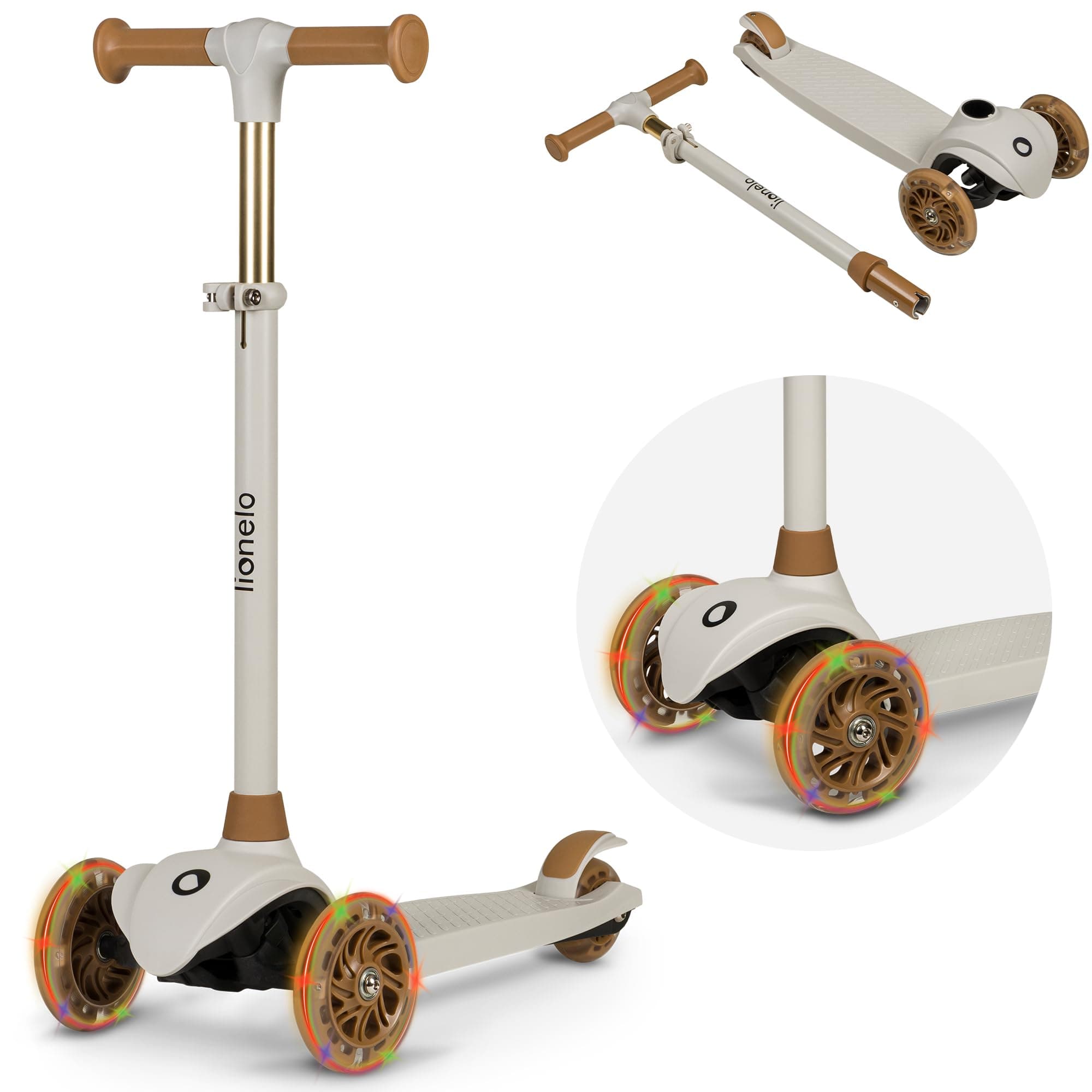 LIONELO Jessy Trottinette d'équilibre pour Enfants de 3 Ans à 50 kg, Trottinette Trois Roues Légère avec Réglage en Hauteur, Roues LED, Plateforme Antidérapante, Hauteur Scooter (Brown)