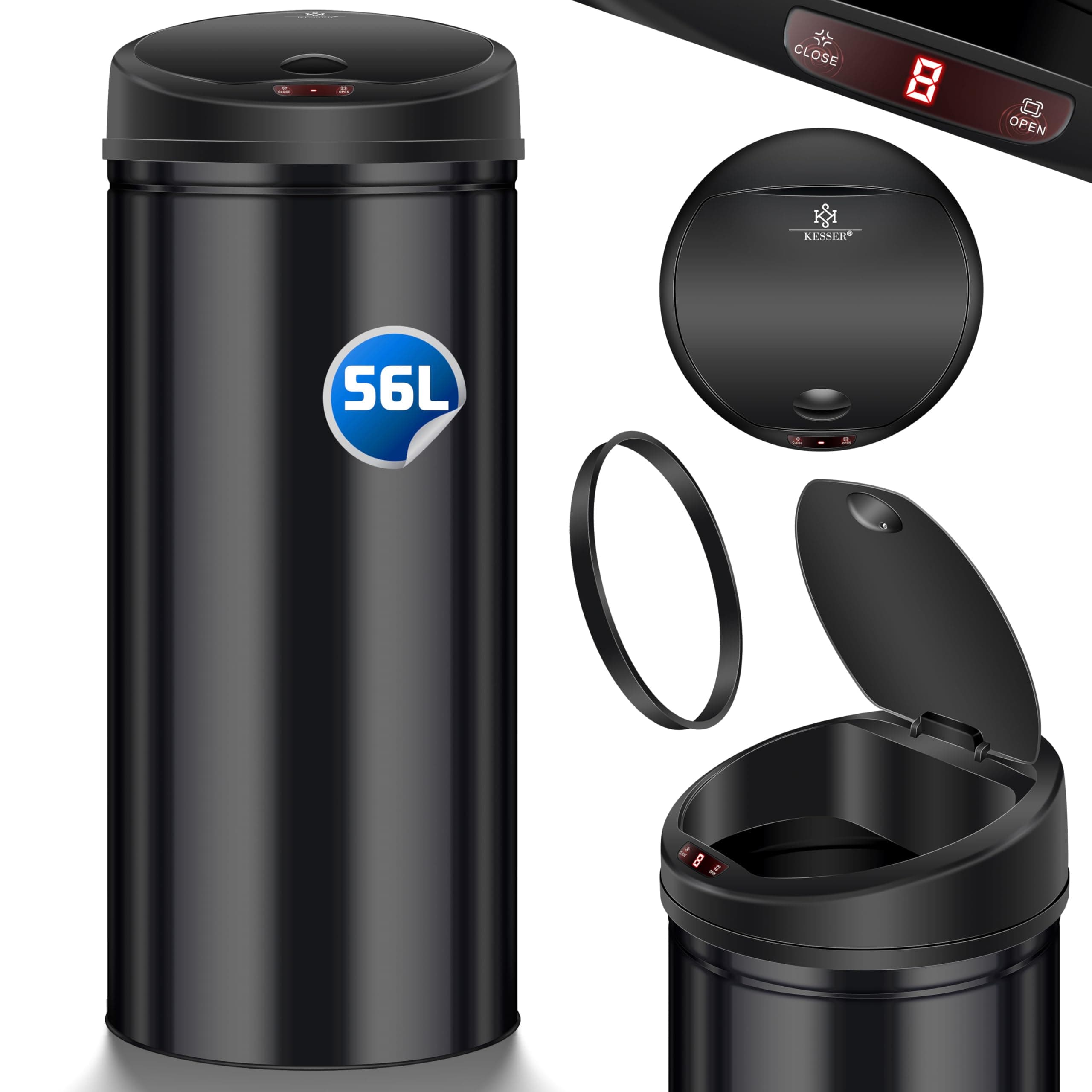KESSER Sensor Mülleimer ✓ Automatik ✓ Abfalleimer ✓ Abfall | Edelstahl | 56 Liter SCHWARZ