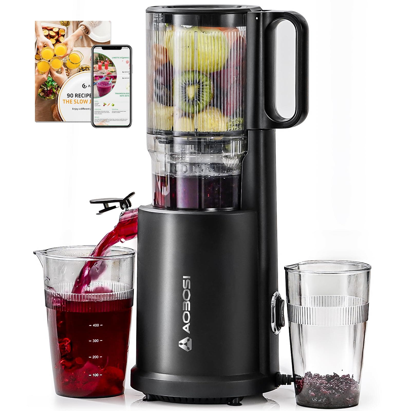 AOBOSI Estrattore frutta e verdura, 135MM XXL Grande Canale di Alimentazione per Frutta e Verdura Intere - Capacità 1,5L, 200 W Slow juicer, Triplo Filtro