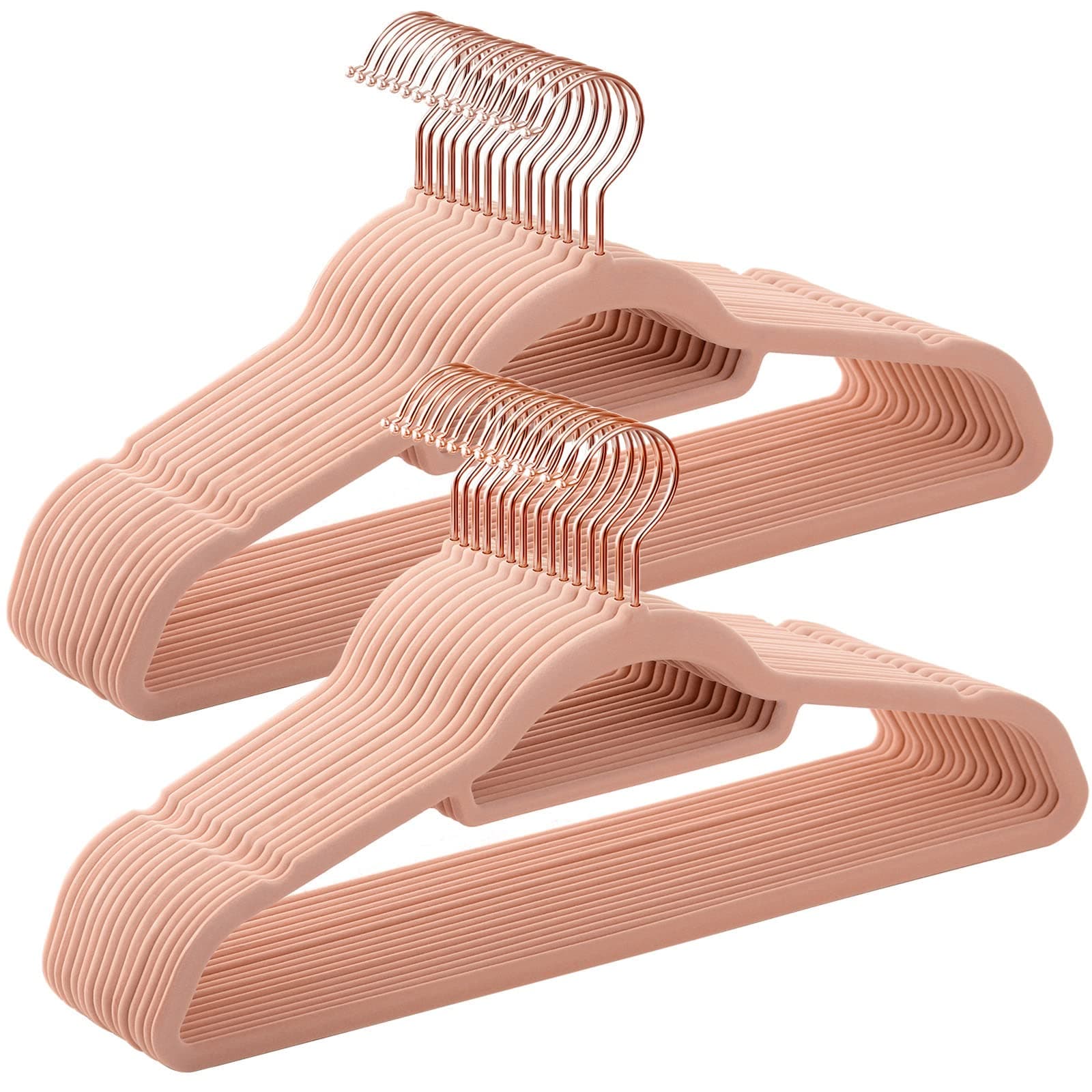 SONGMICS Kleiderbügel Samt, 30er Set, Bügel, rutschfest, kleine Stange für Krawatten, 360° drehbarer Haken, 0,6 cm dick, platzsparend, 43,5 cm lang, für Mäntel, Hosen, Roségold-Hellrosa CRF21PK30
