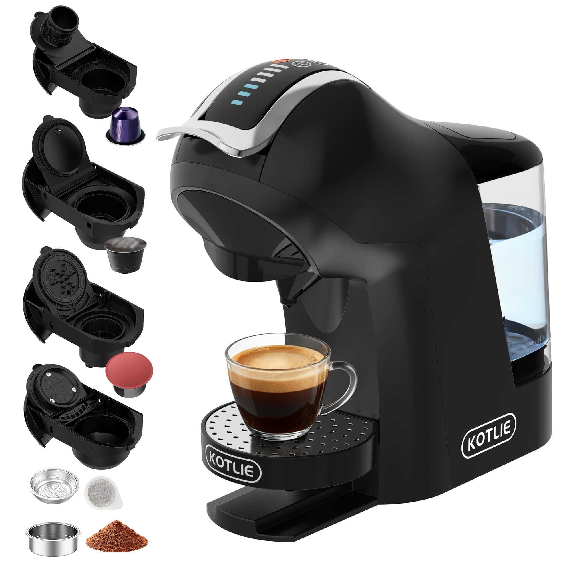 Macchina da caffè a capsule, per Nespresso, per Dolce Gusto, capsule A Modo Mio, caffè in polvere (44 mm) e caffè macinato, con volume e temperatura dell'acqua regolabili (EM-308B)