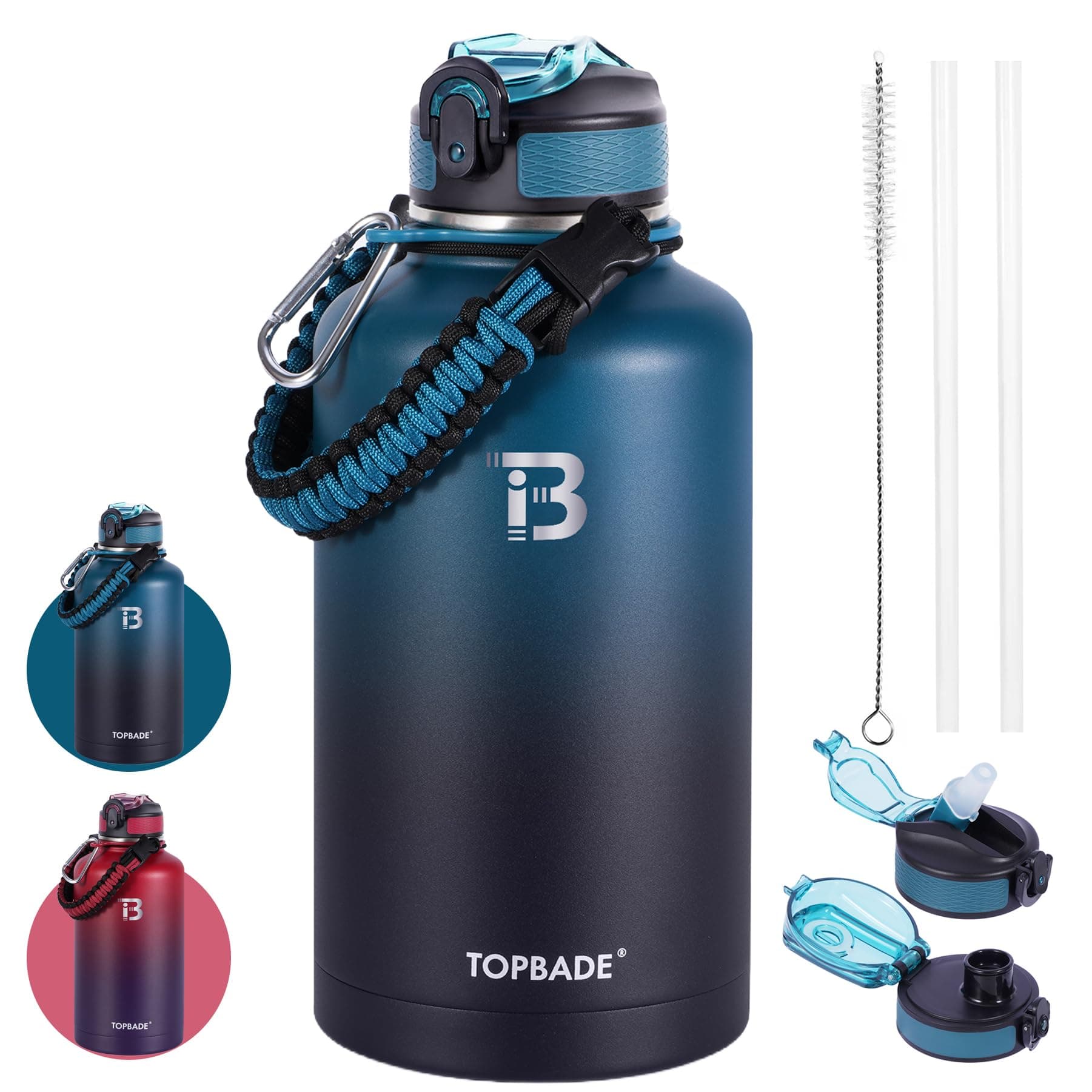 TOPBADE - Borraccia in acciaio inox, 1,9 l, isolata con 2 coperchi (con e senza cannuccia), senza BPA, in metallo, per palestra, bodybuilding, attività all'aperto