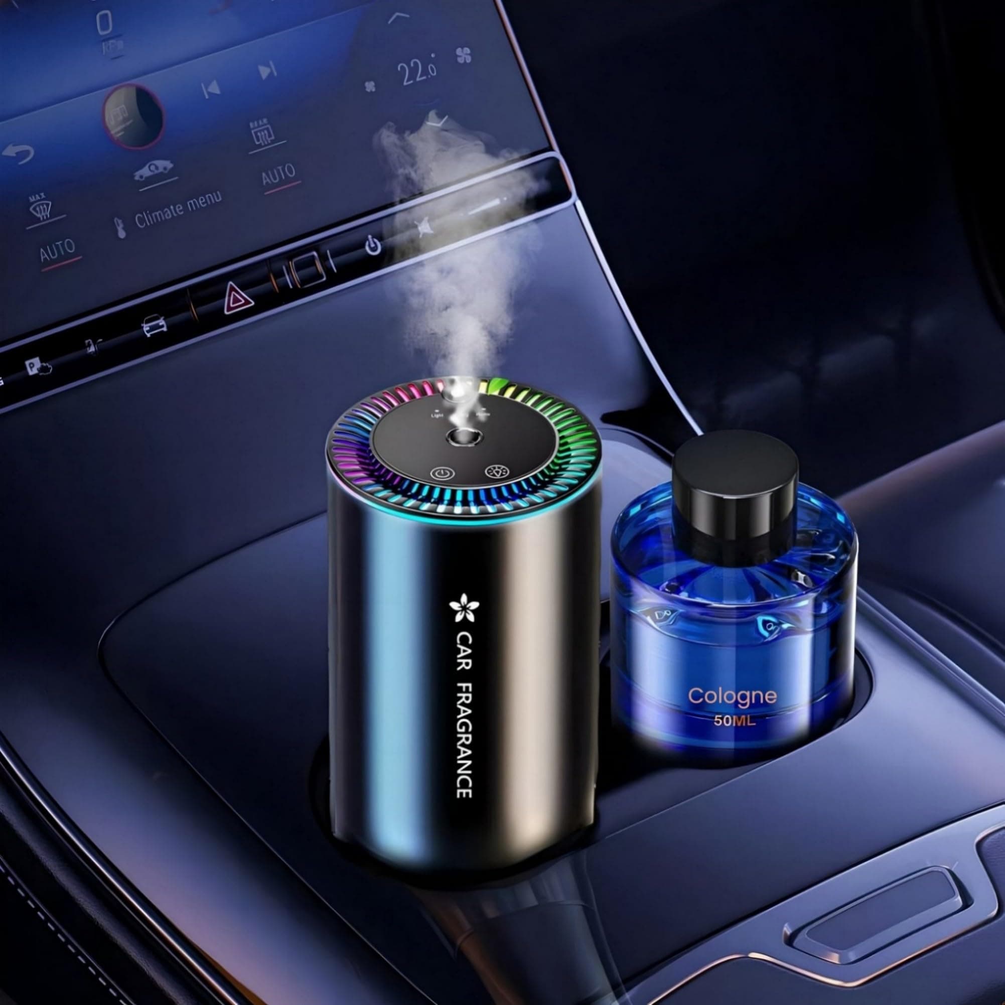 AI Profumatore Auto Diffusore con 50 ml di Profumo (Colonia), Elettrico Fragranze Deodorante, ON/Off Automatico, Nebulizzatore ad Ultrasuoni, 3 Modalità, Batteria Integrata, Durata di 5 Mesi BJ-577