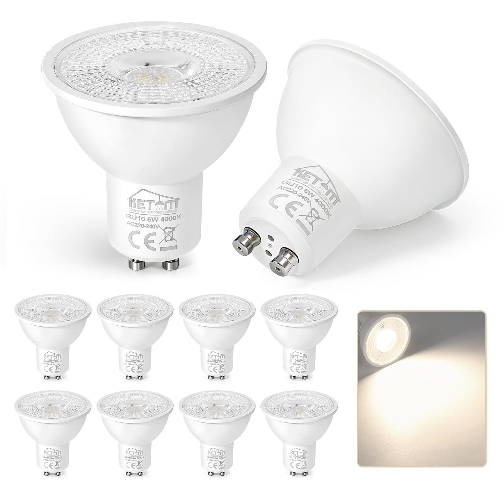 Ketom Lampadine LED GU10 4000K, Faretti LED GU10 Luce Naturale, Lampadina 6W (Equivalenti a 60W), 480 Lumen, 120° Angolo del Fascio, Non Dimmerabili, 10 Pezzi
